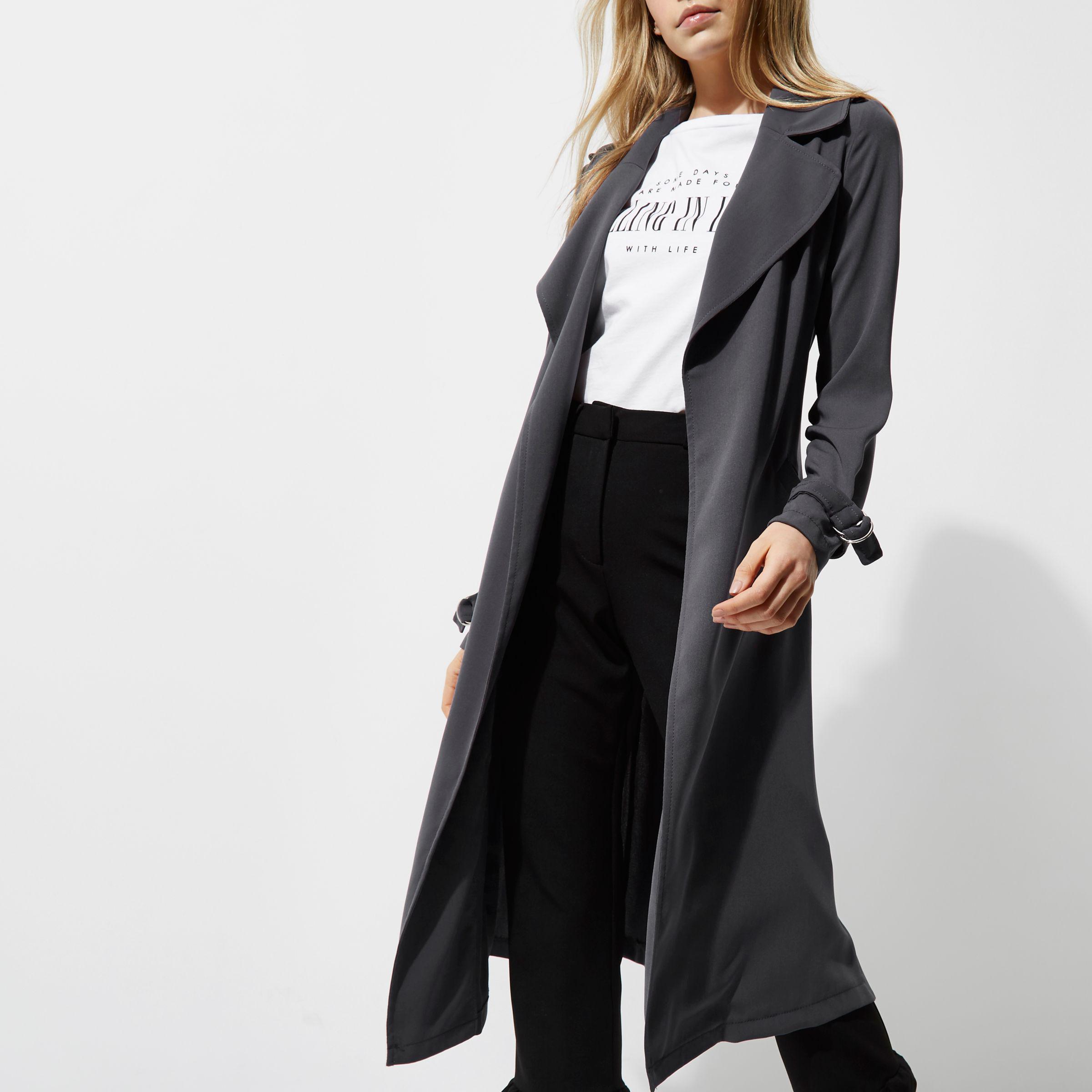 River Island Synthetic Dark Grey Belted Duster Trench Coat 