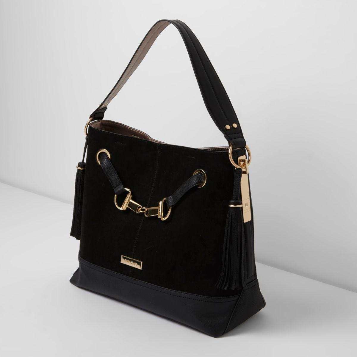 river island black bag lock front slouch bag