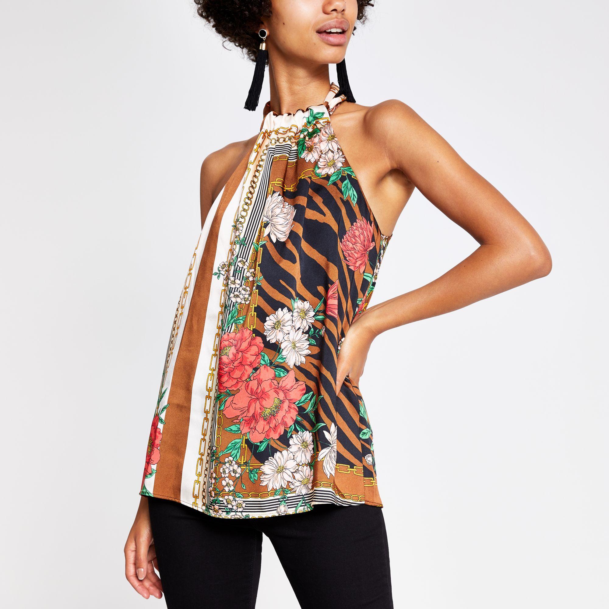 River Island Synthetic Scarf Print Halter Neck Top in Brown - Lyst