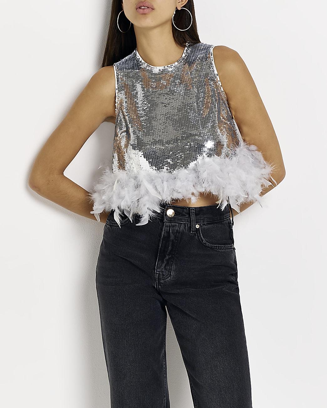 River Island Silver Sequin Feather Trim Cami Top in Blue | Lyst