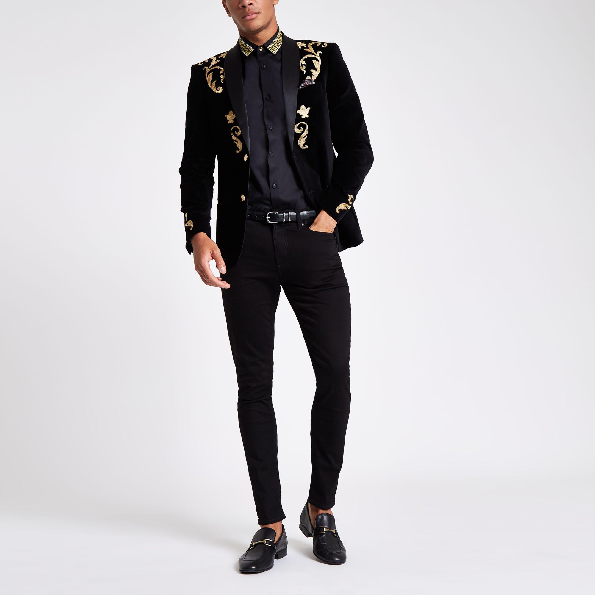 River Island And Gold Embroidered Skinny Fit Blazer in Black for Men | Lyst