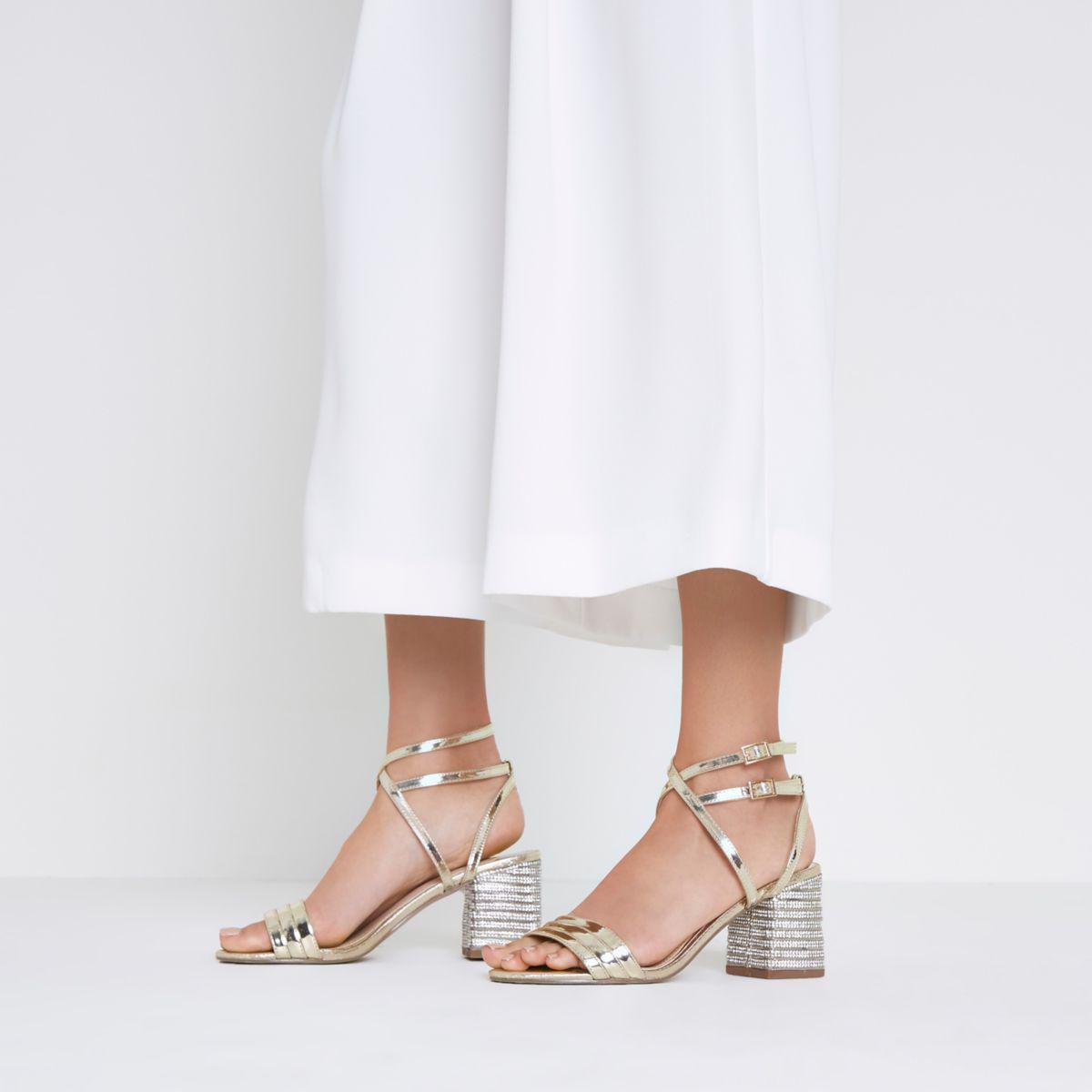 River Island Gold Metallic Diamante Block Heel Sandals - Lyst