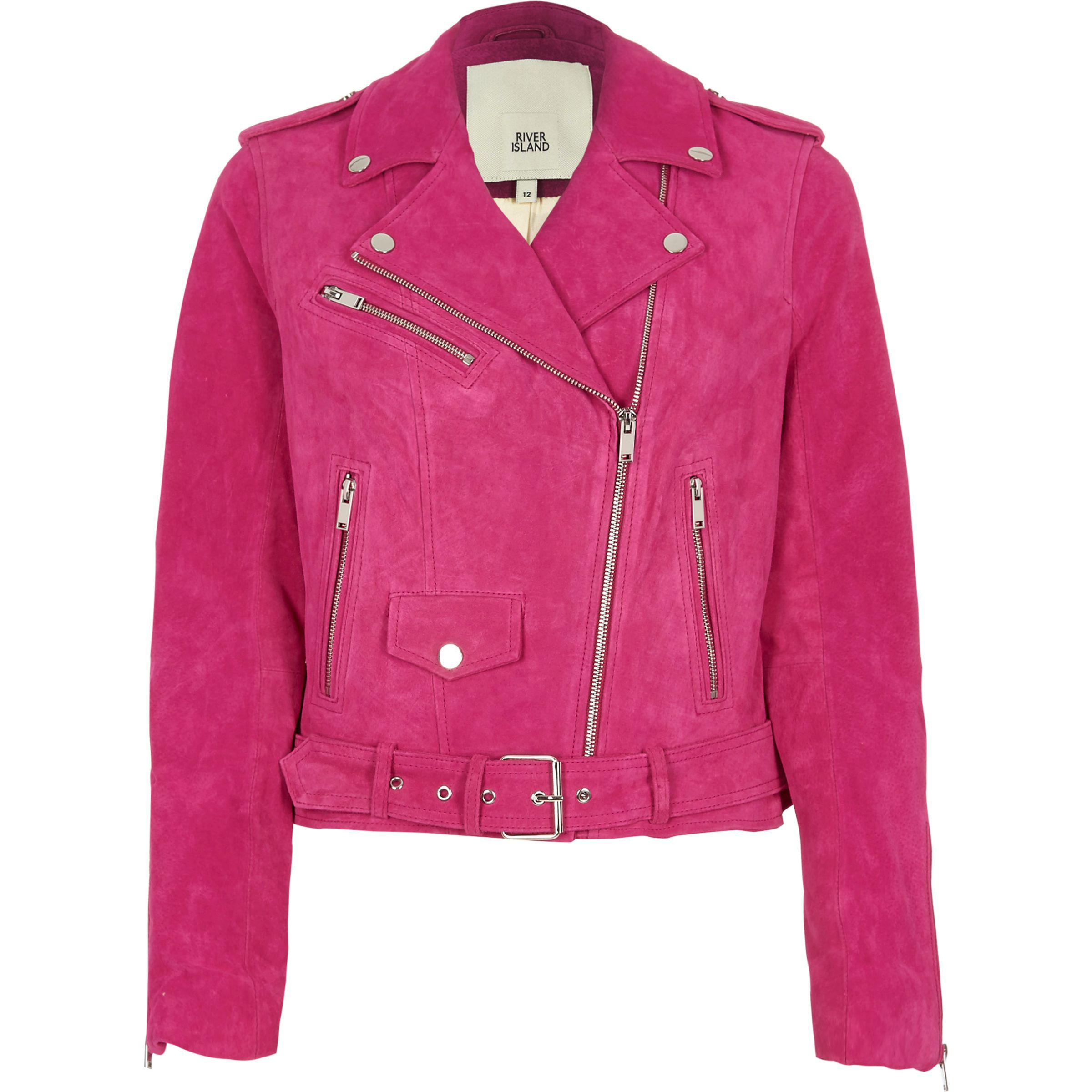 River Island Bright Suede Biker Jacket in Pink | Lyst