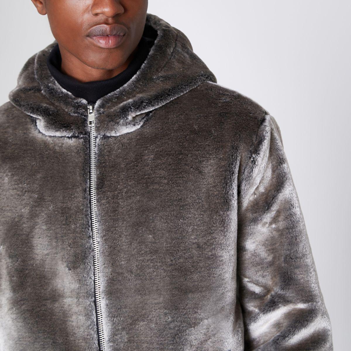 faux fur hoodie grey