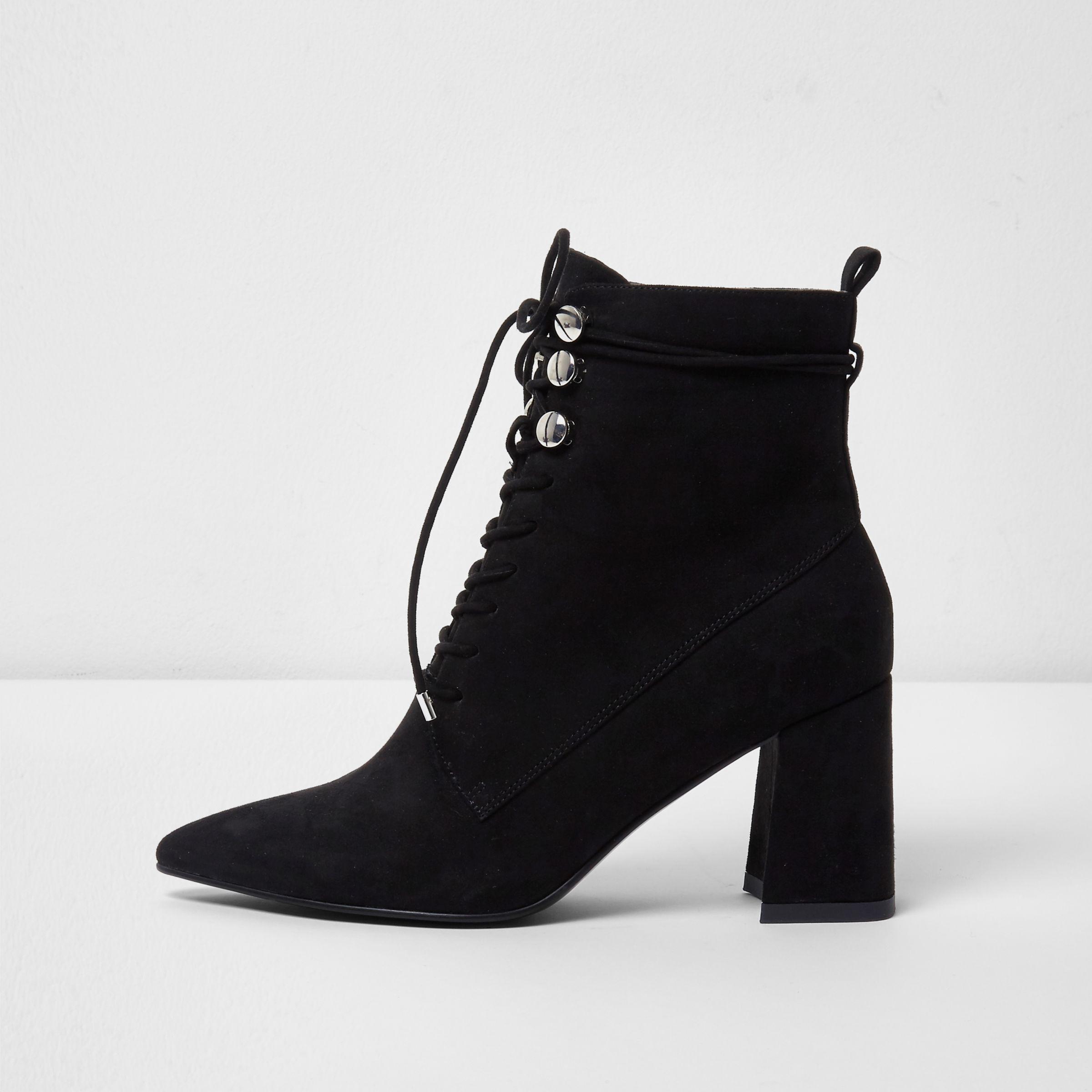 black pointed toe lace up boots