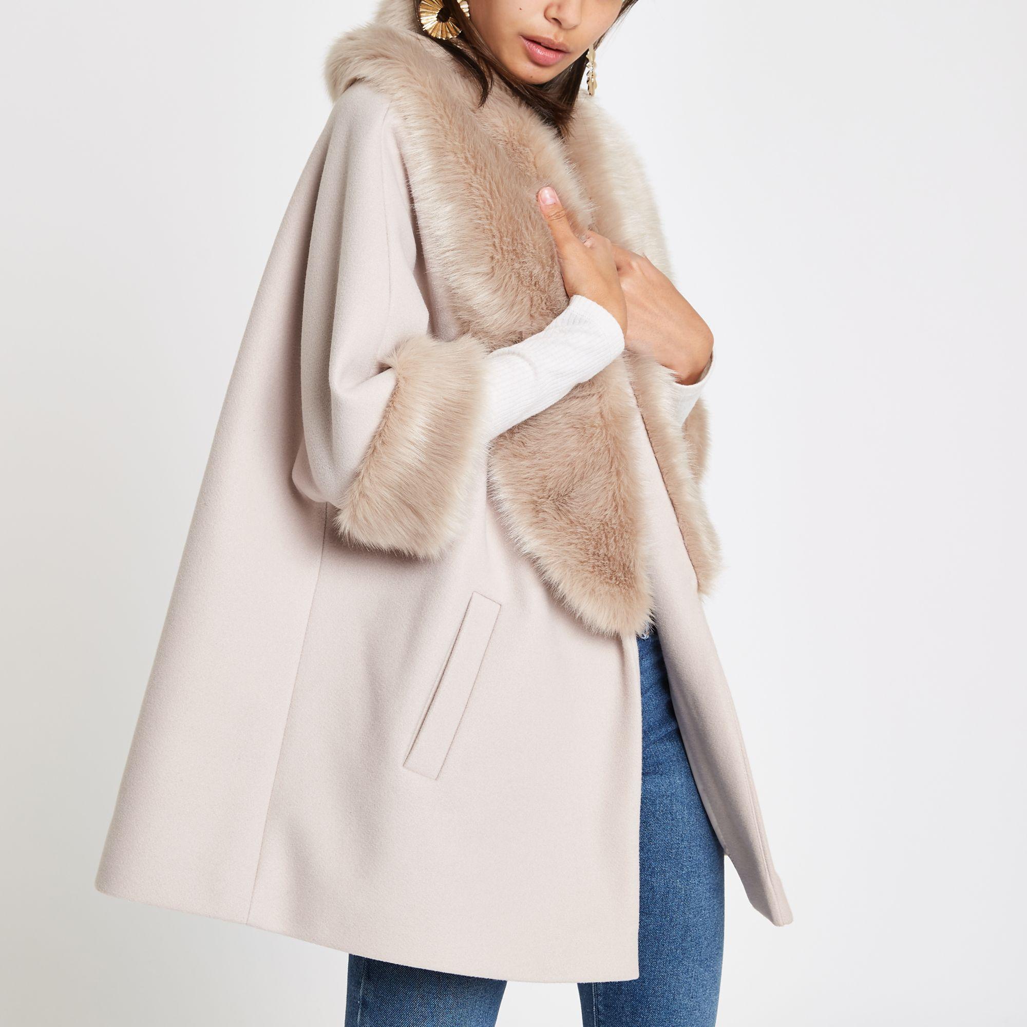 River Island Cream Faux Fur Trim Swing Coat in Natural | Lyst UK