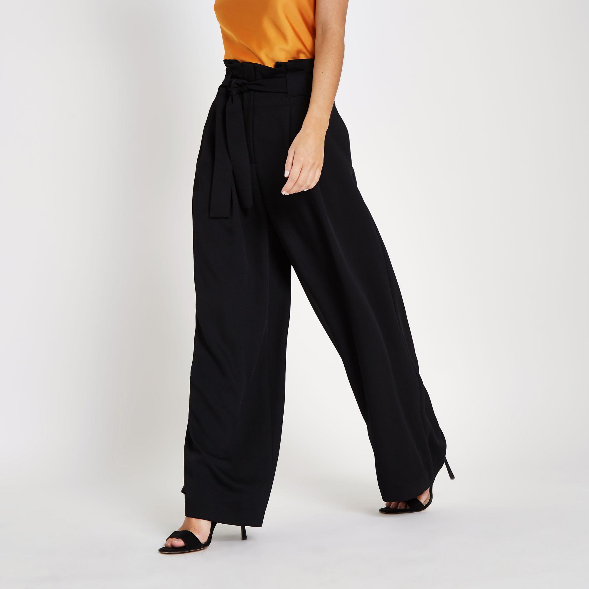 River Island Synthetic Petite Paperbag Waist Wide Leg Trousers in Black -  Lyst