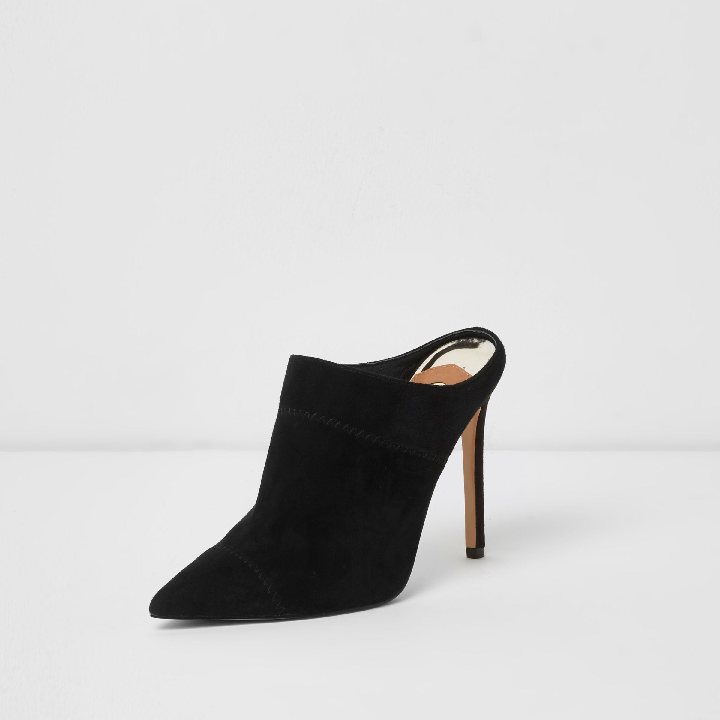 black suede mule heels
