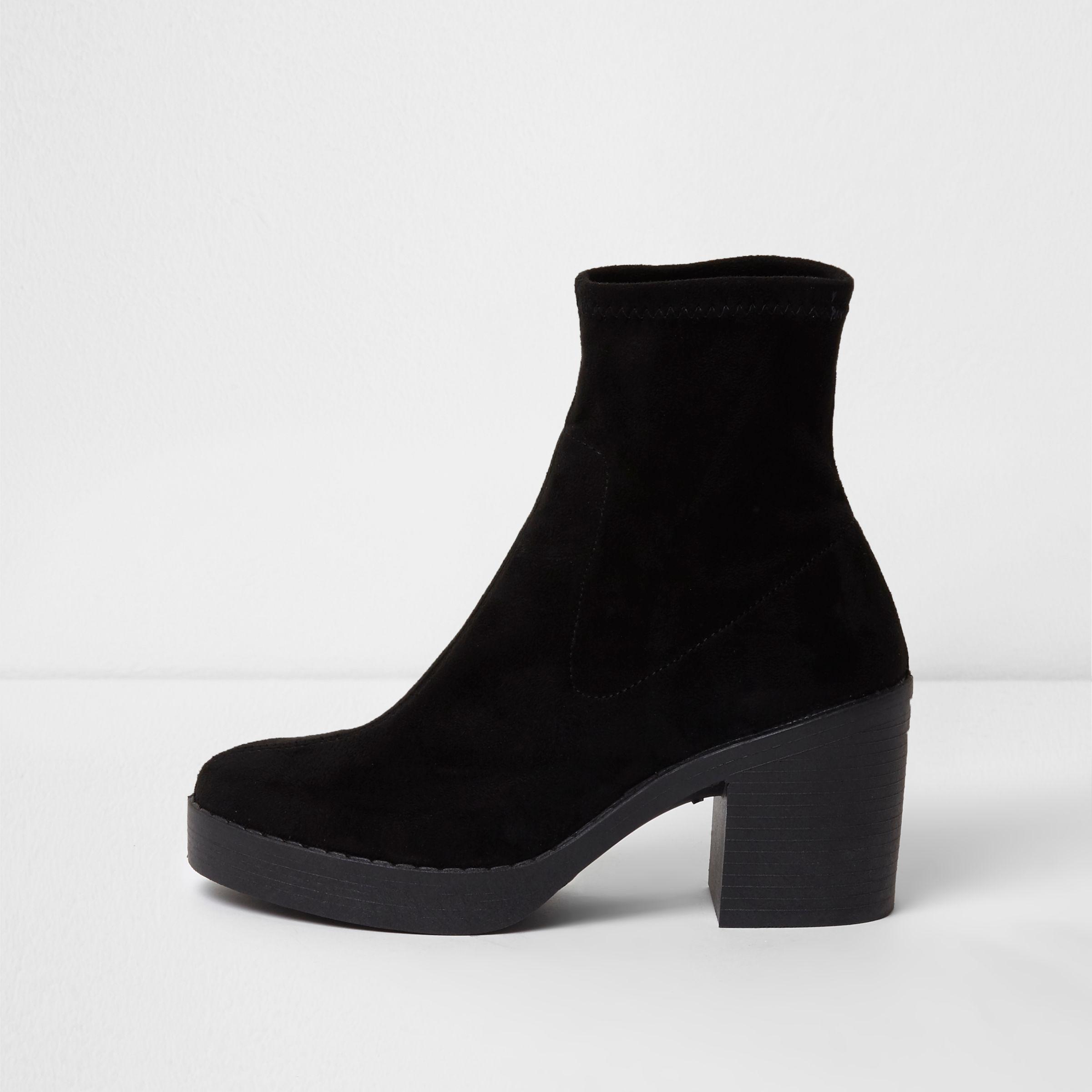 Black Chunky Block Heel Sock Boots 