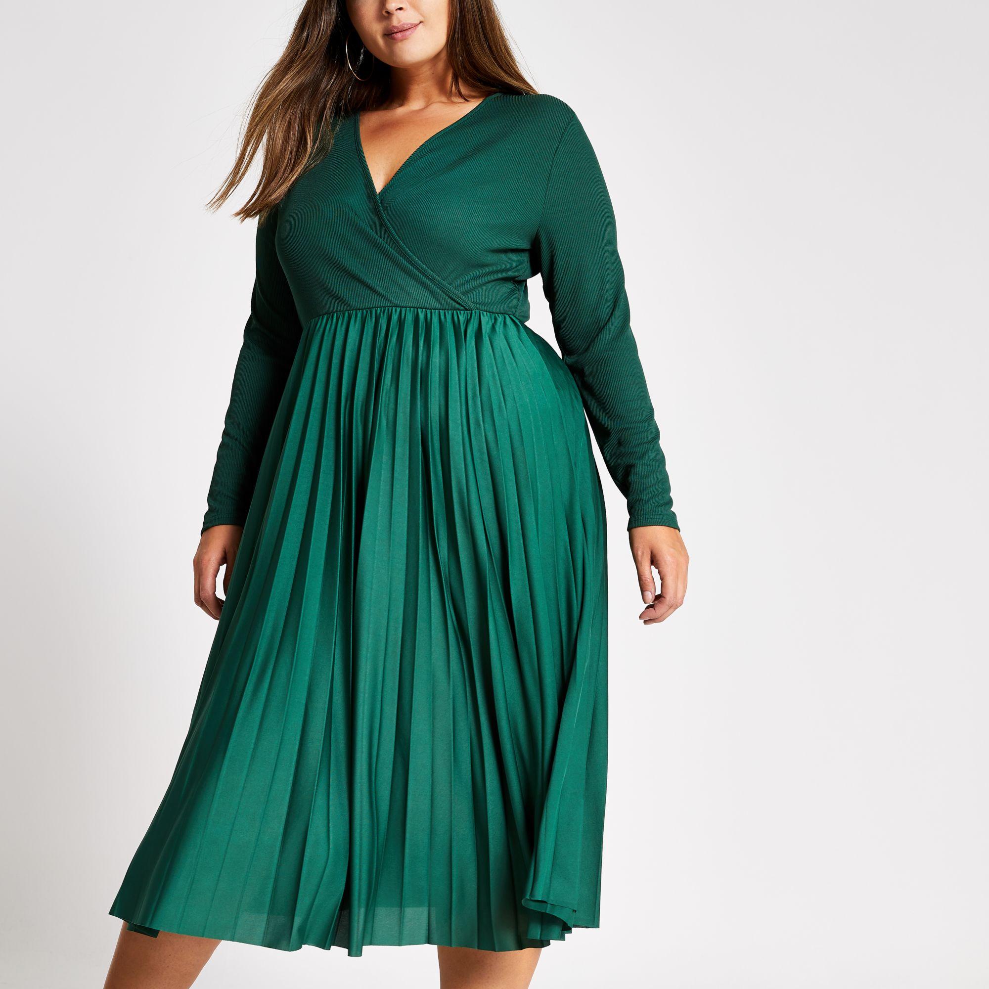 River Island Synthetic Plus Dark Wrap Pleated Midi Dress in Green | Lyst