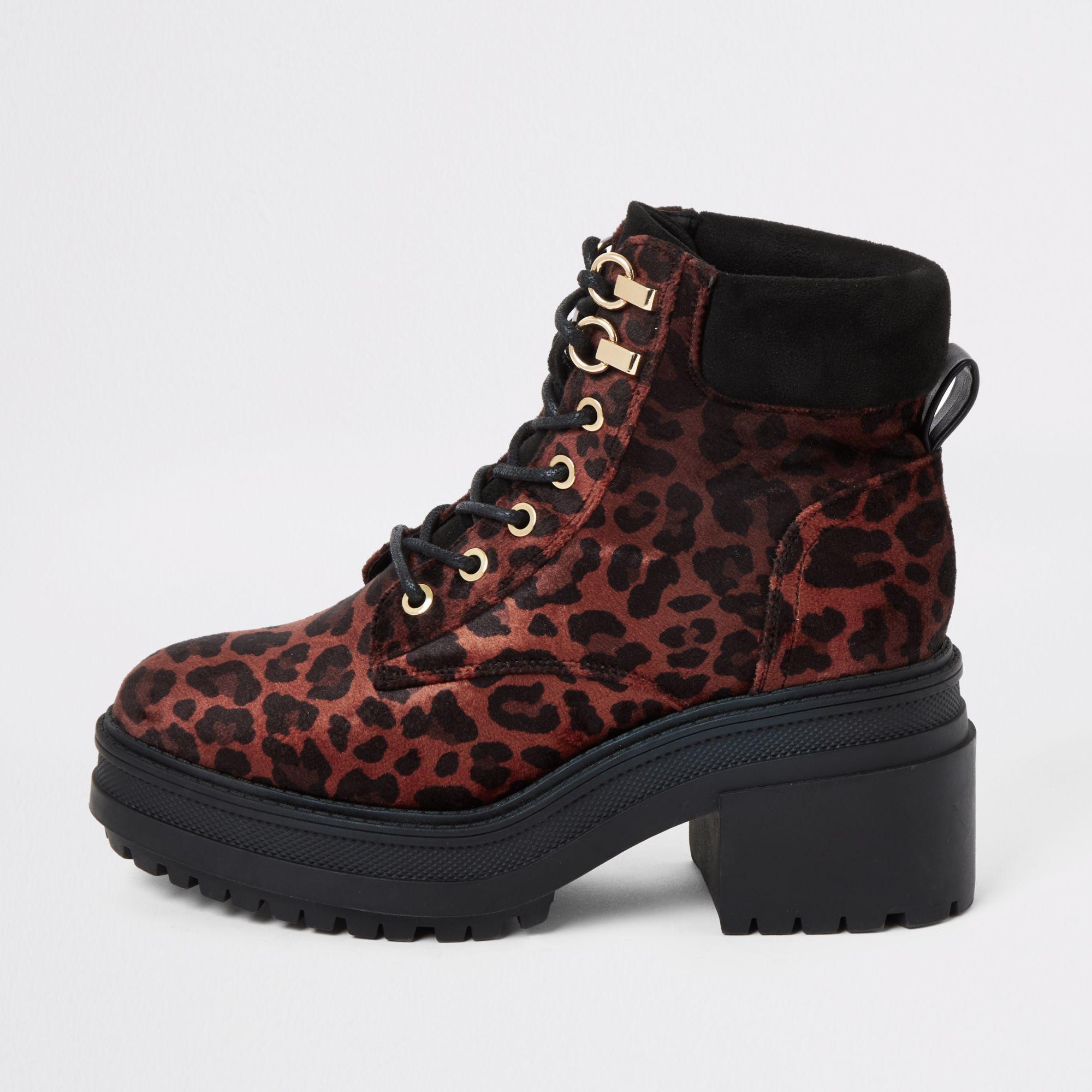 River Island Red Leopard Print Lace-up Chunky Boots - Lyst