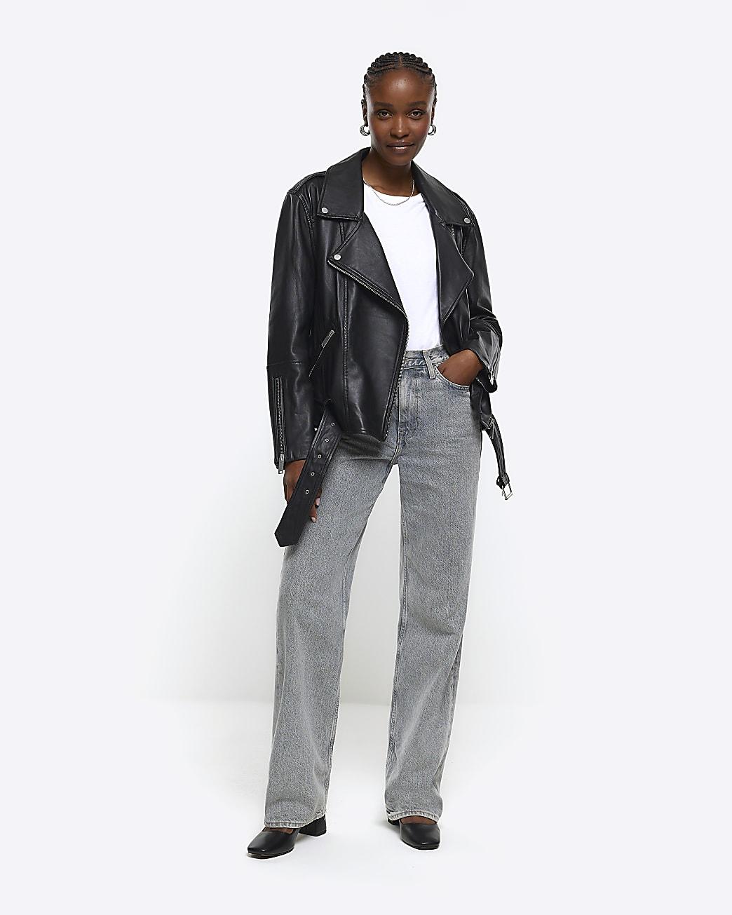 River Island Black Leather Oversized Biker Jacket in Blue | Lyst