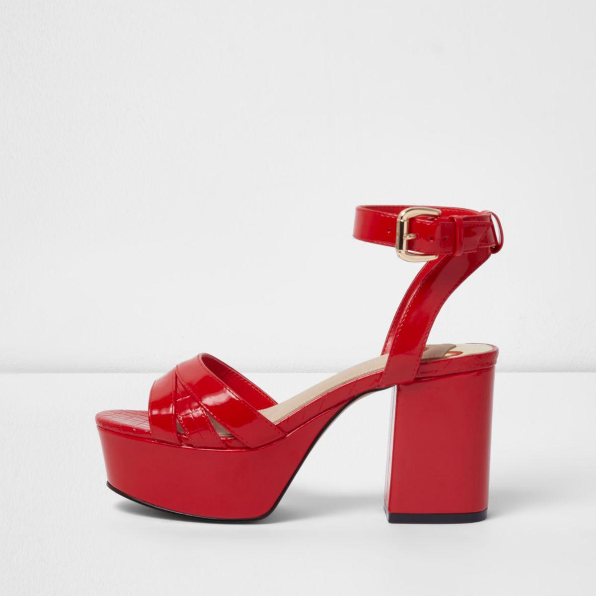 Lyst - River Island Red Patent Platform Block Heel Sandals Red Patent ...
