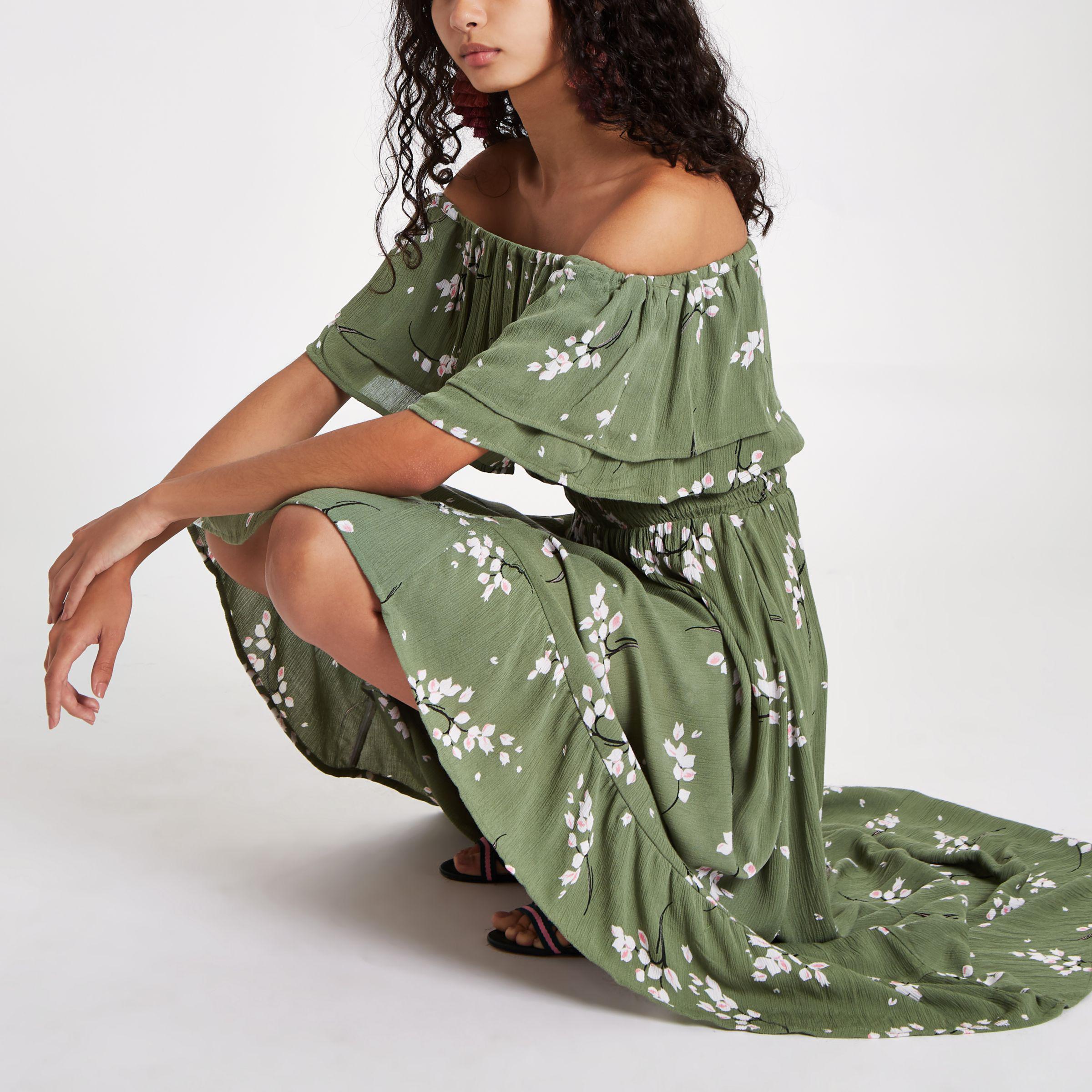 Theaff0 Green Floral Frill Bardot Maxi Dress Thedelhidawn Com