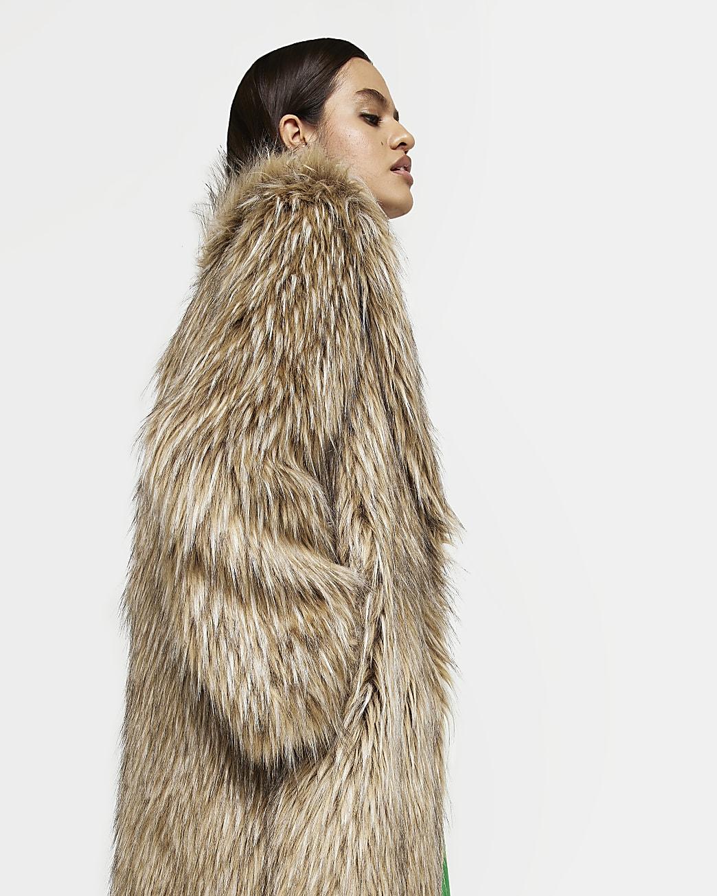 River island brown faux fur coat Clearance