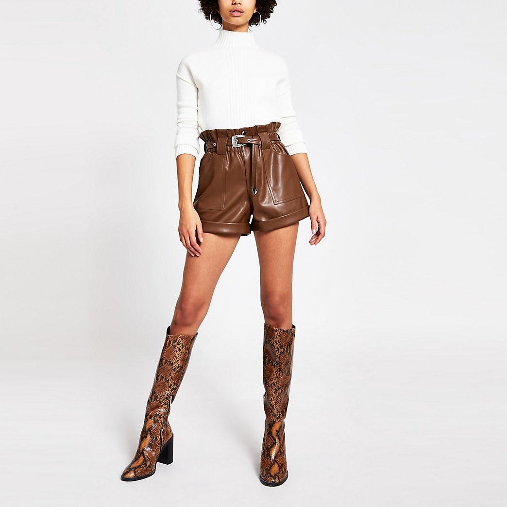 Brown Belted Faux Leather Mom Shorts 