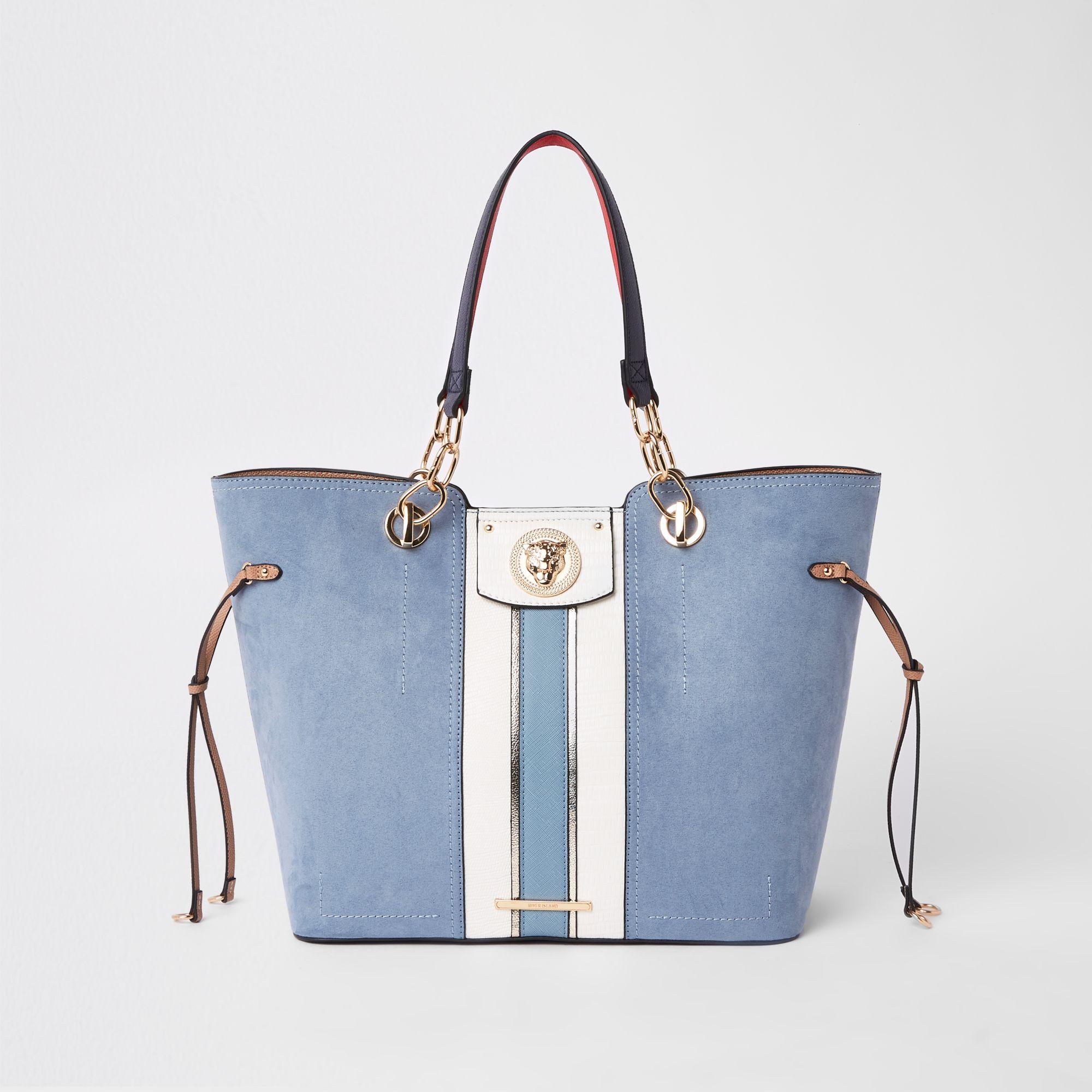 blue suede tote bag