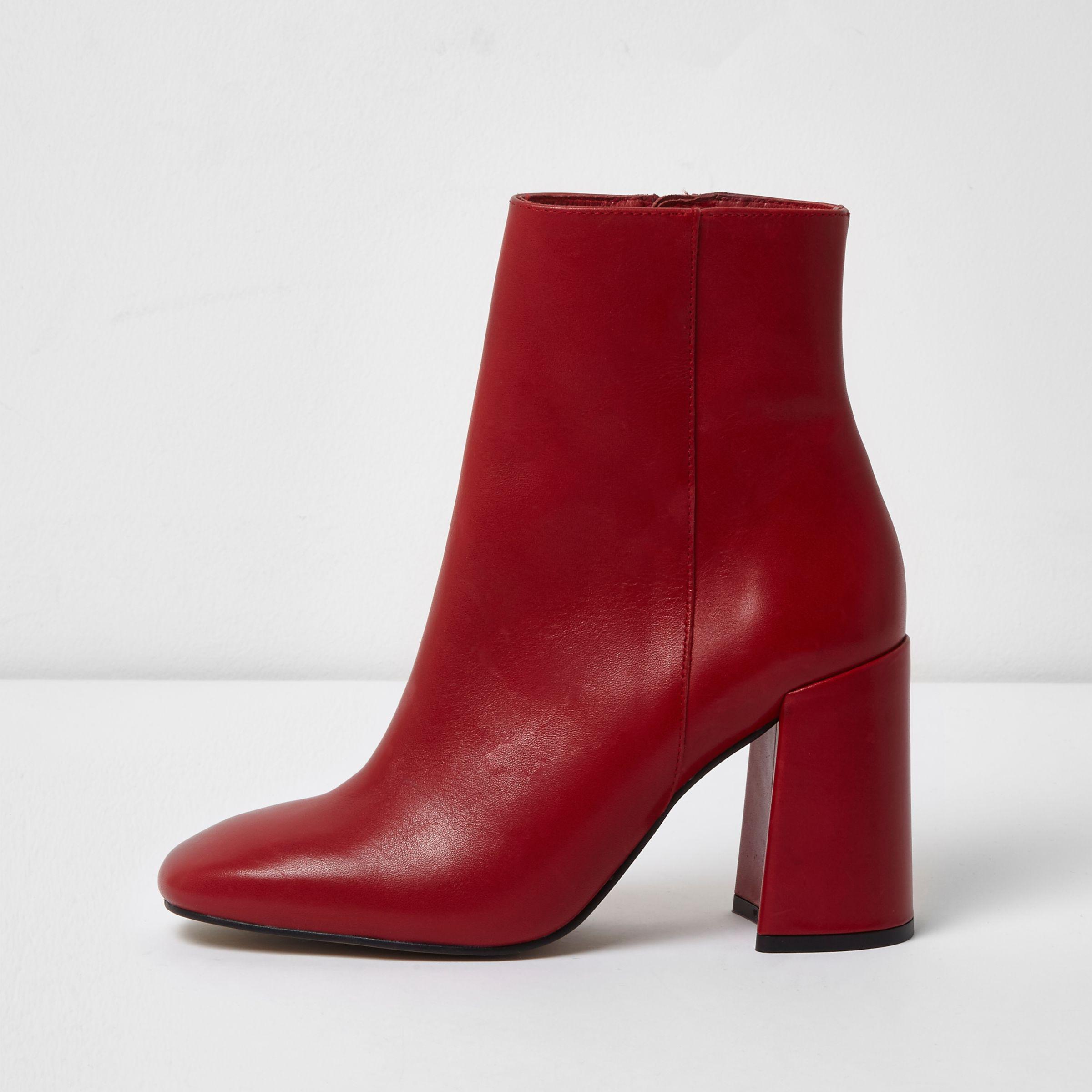 River Island Red Leather Block Heel Ankle Boots | Lyst
