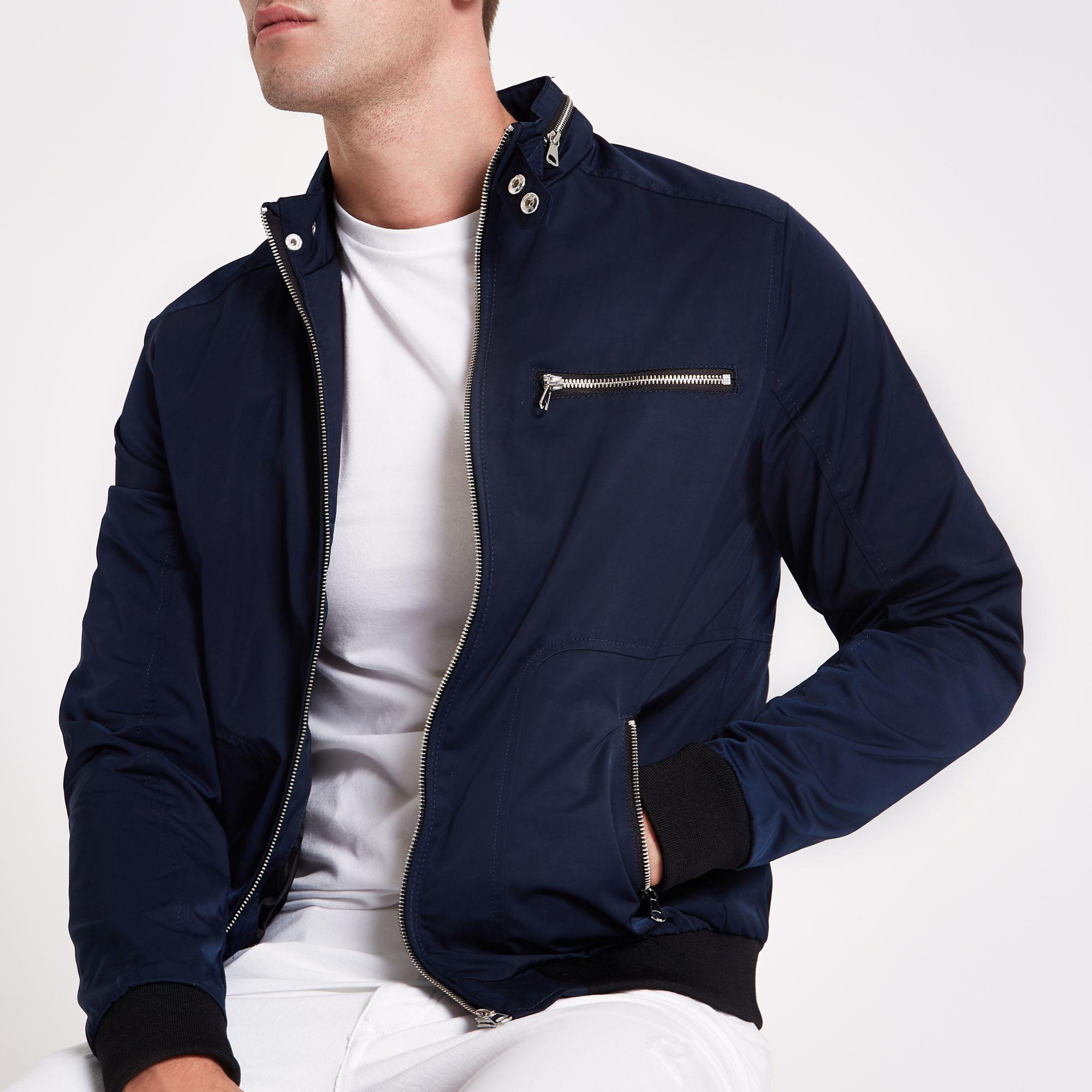 River Island Cotton Navy Racer Neck Jacket in Blue for Men | Lyst Canada
