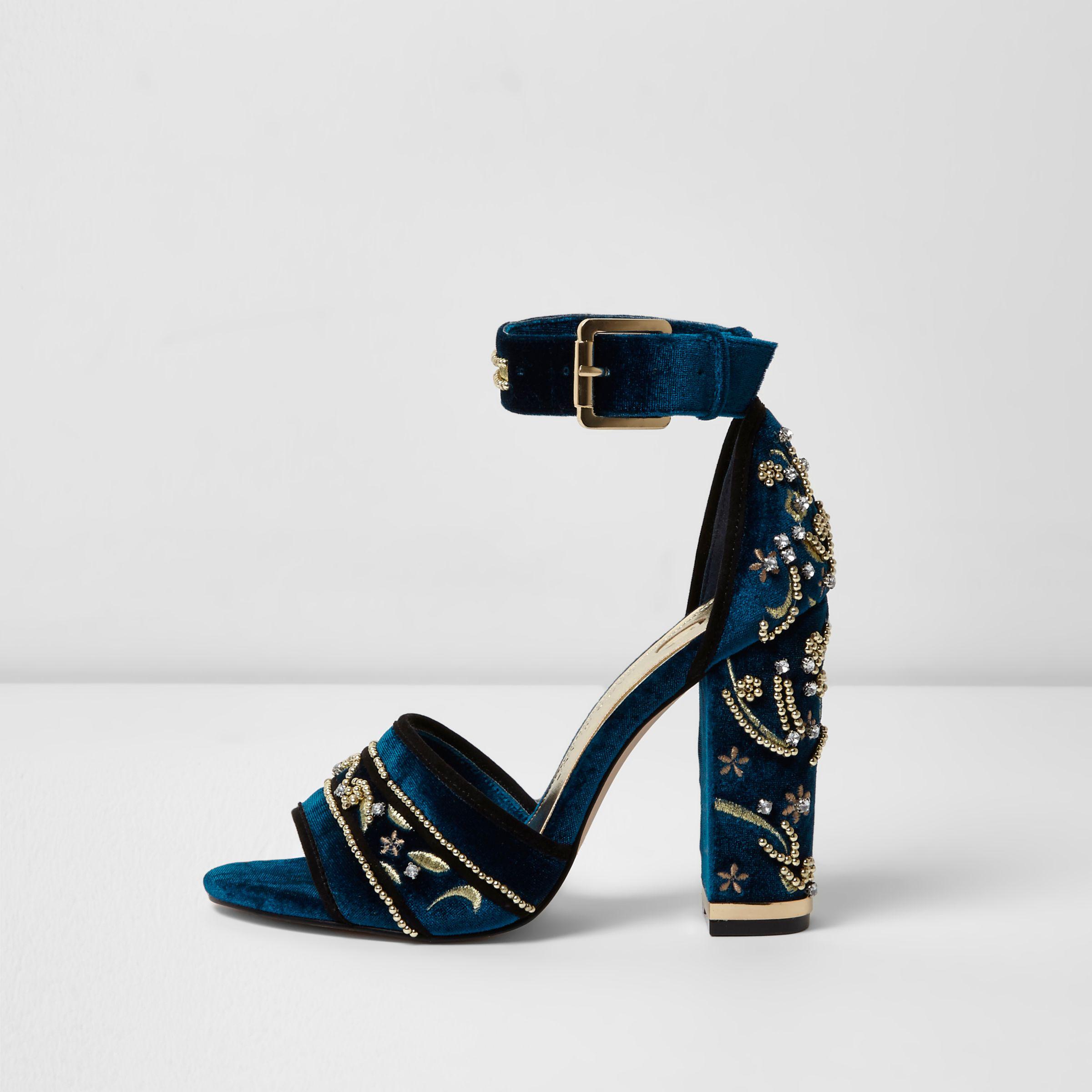 River Island Blue Velvet Embellished Block Heel Sandals