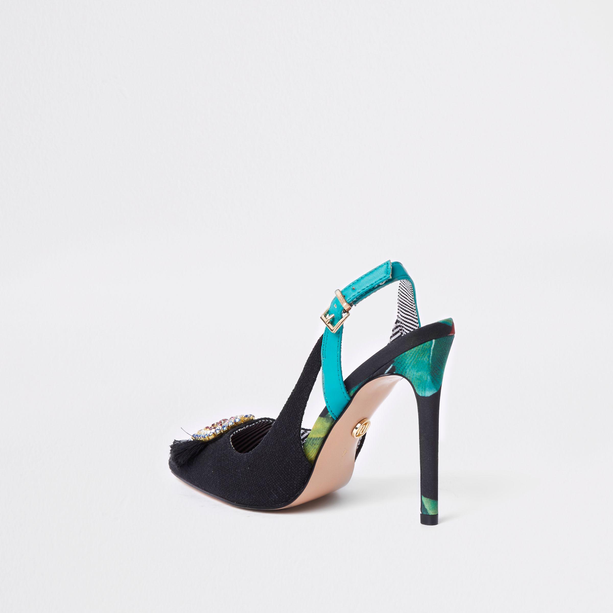 River Island Black Jewel Embellished Slingback Court Shoes | Lyst UK