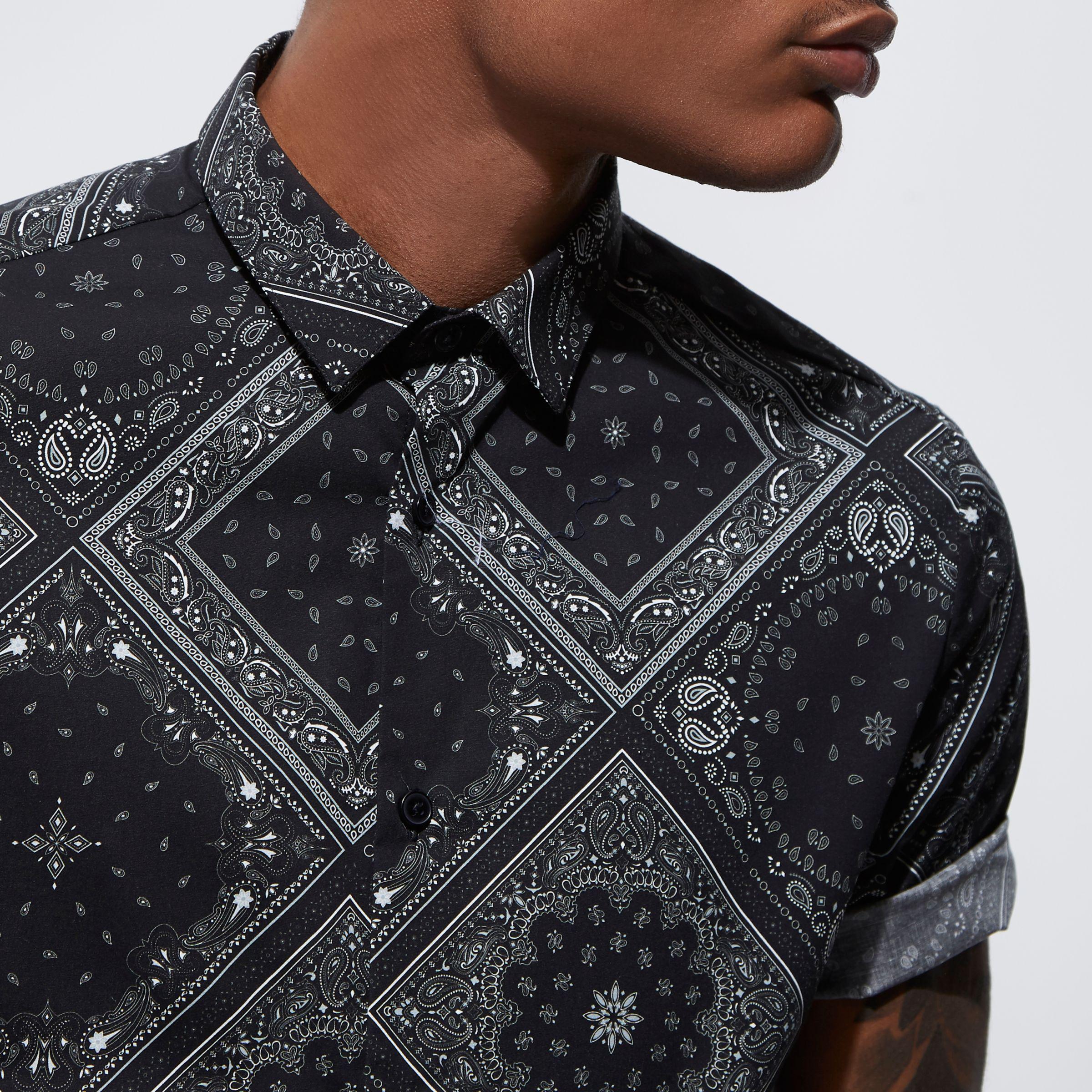 River Island Cotton Black Bandana Skinny Fit Short Sleeve Shirt for Men Lyst