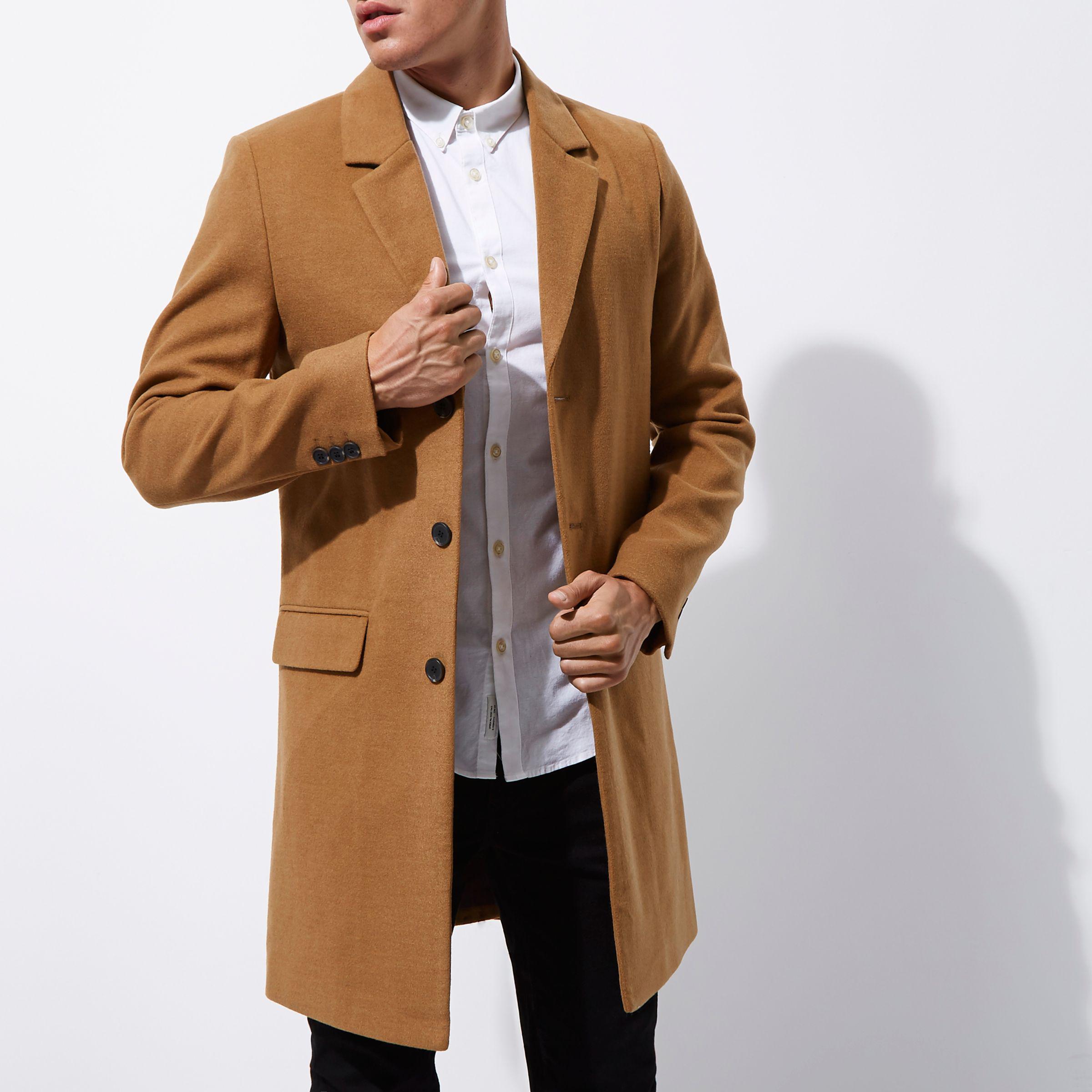 River Island Synthetic Camel Smart Overcoat in Brown for Men - Lyst