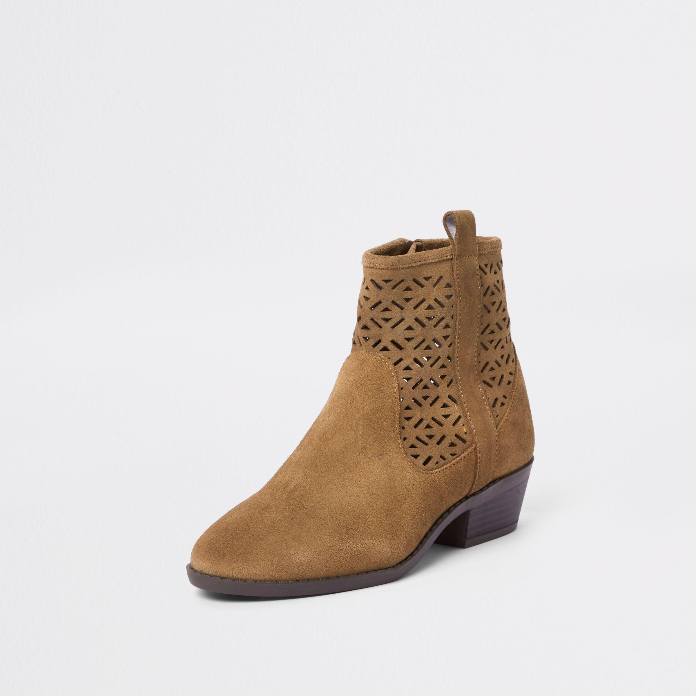 River Island Laser Cut Suede Western Ankle Boots in Tan (Brown) - Lyst