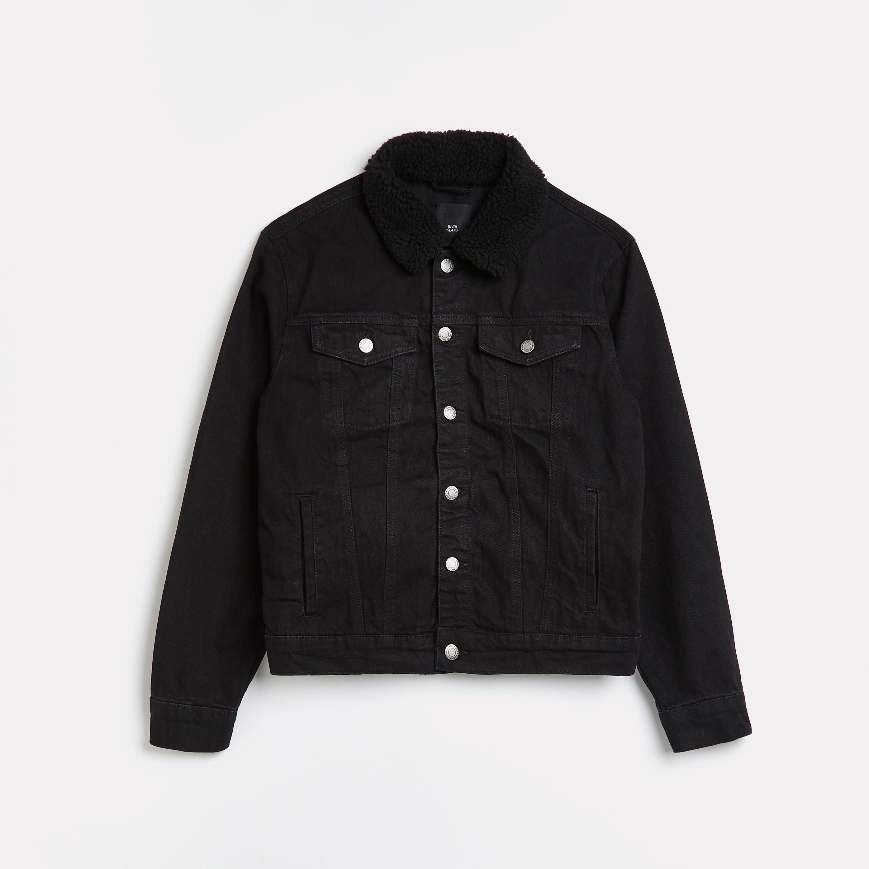 Tall Black Borg Collar Denim Jacket 
