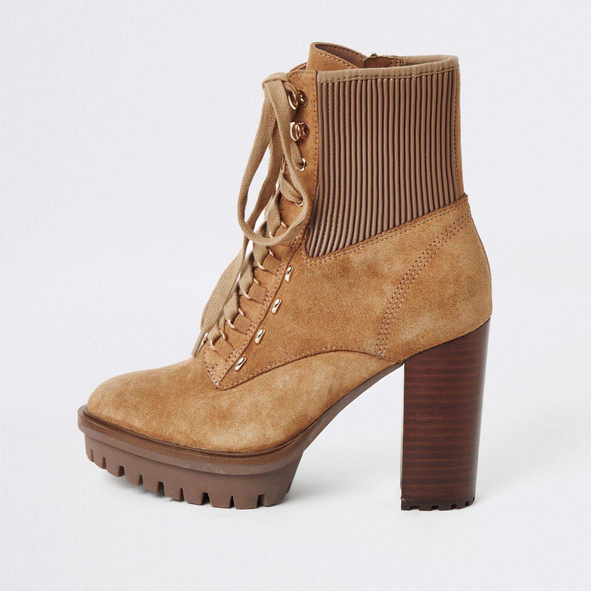 River Island Beige Lace-up High Heeled Hiker Boots in Natural - Lyst