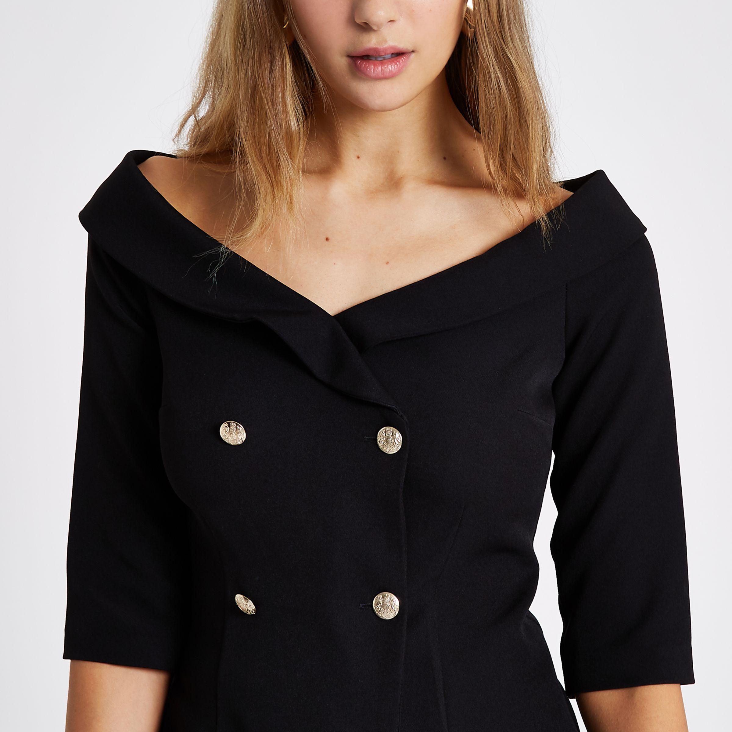 River Island Black Double Breasted Off Shoulder Blazer Top | Lyst