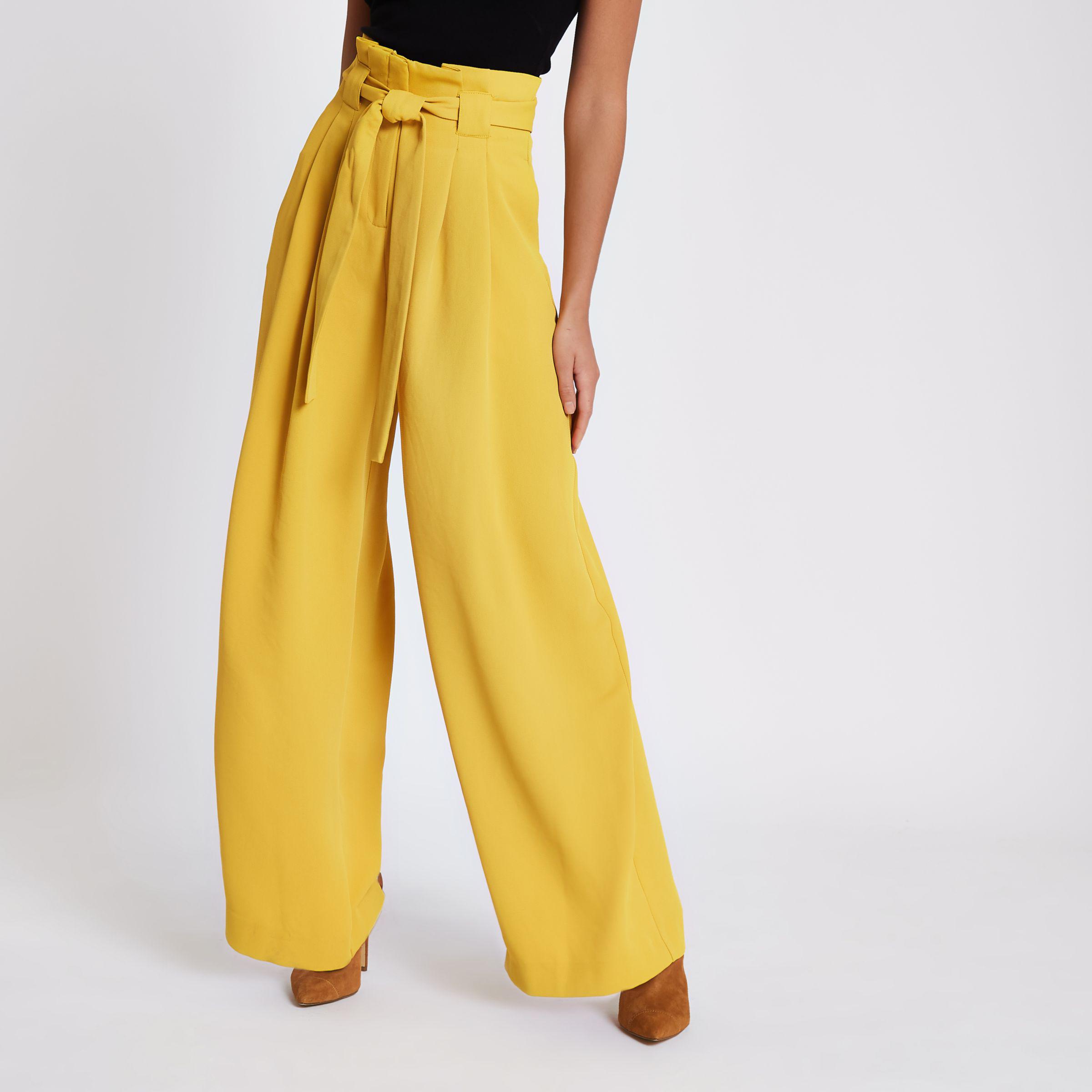 River Island Paperbag Wide Leg Trousers in Yellow | Lyst UK