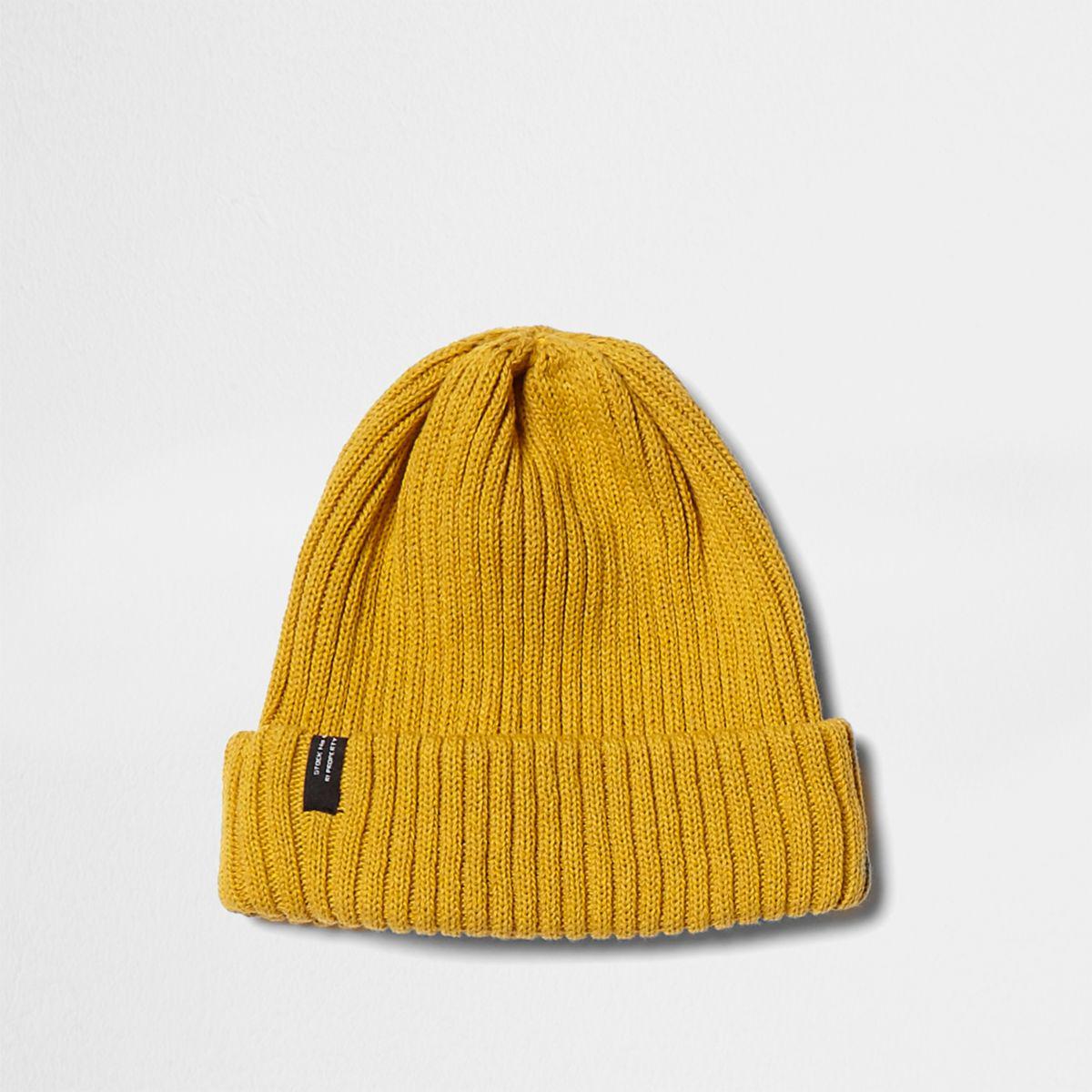River Island Cotton Mustard Ribbed Knit Beanie Hat Mustard Ribbed Knit