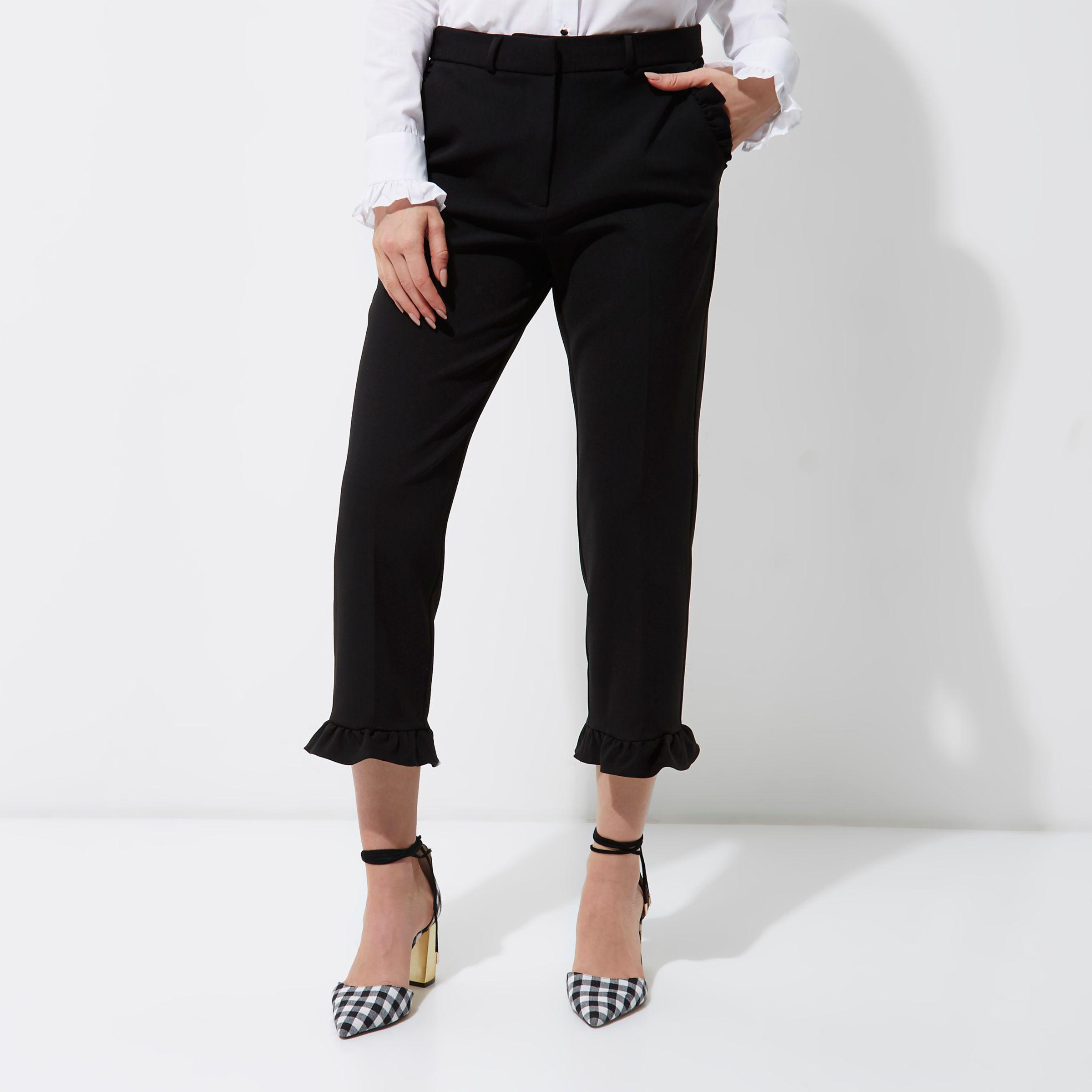 Black Frill Hem Cropped Trousers | Lyst
