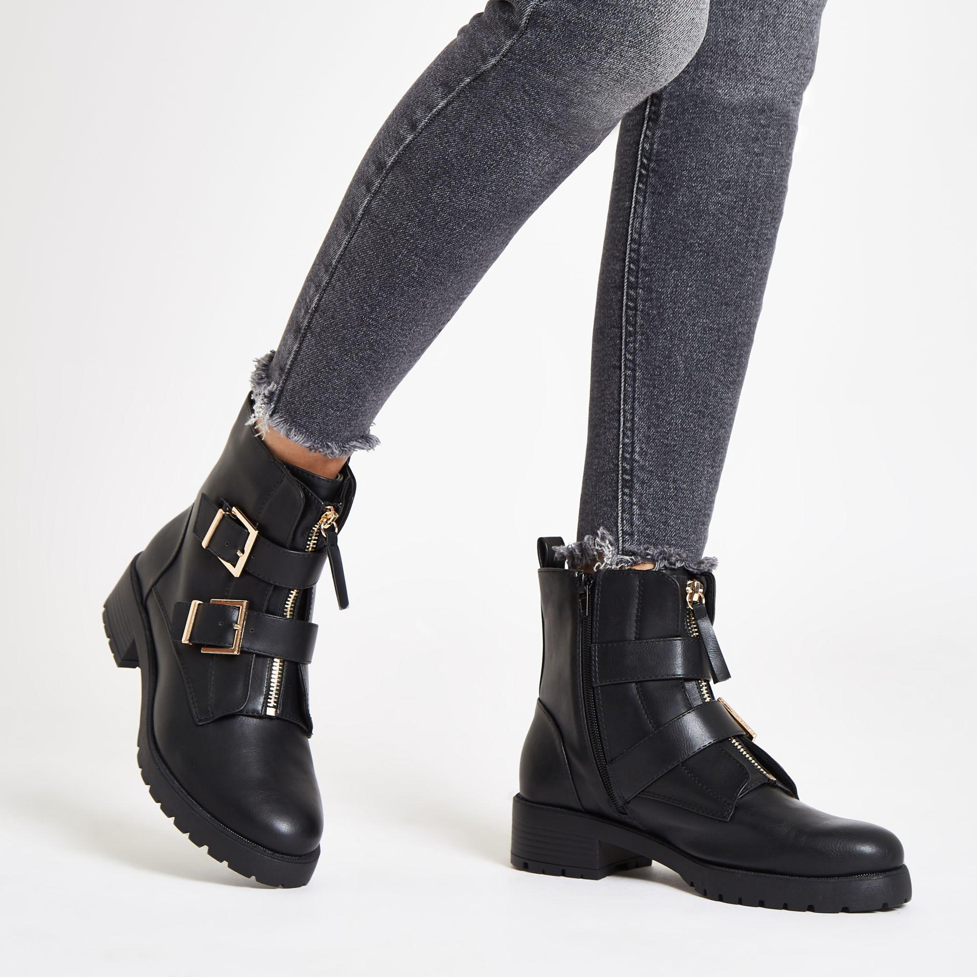 River Island Black Buckle Front Zip Chunky Boots - Lyst
