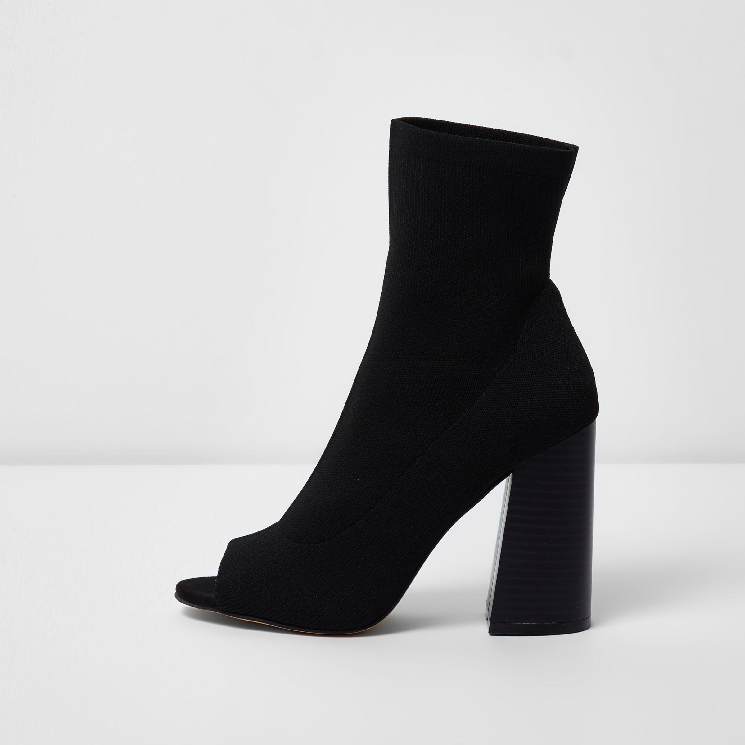 River Island Black Peep Toe Heeled Knit Sock Boots | Lyst