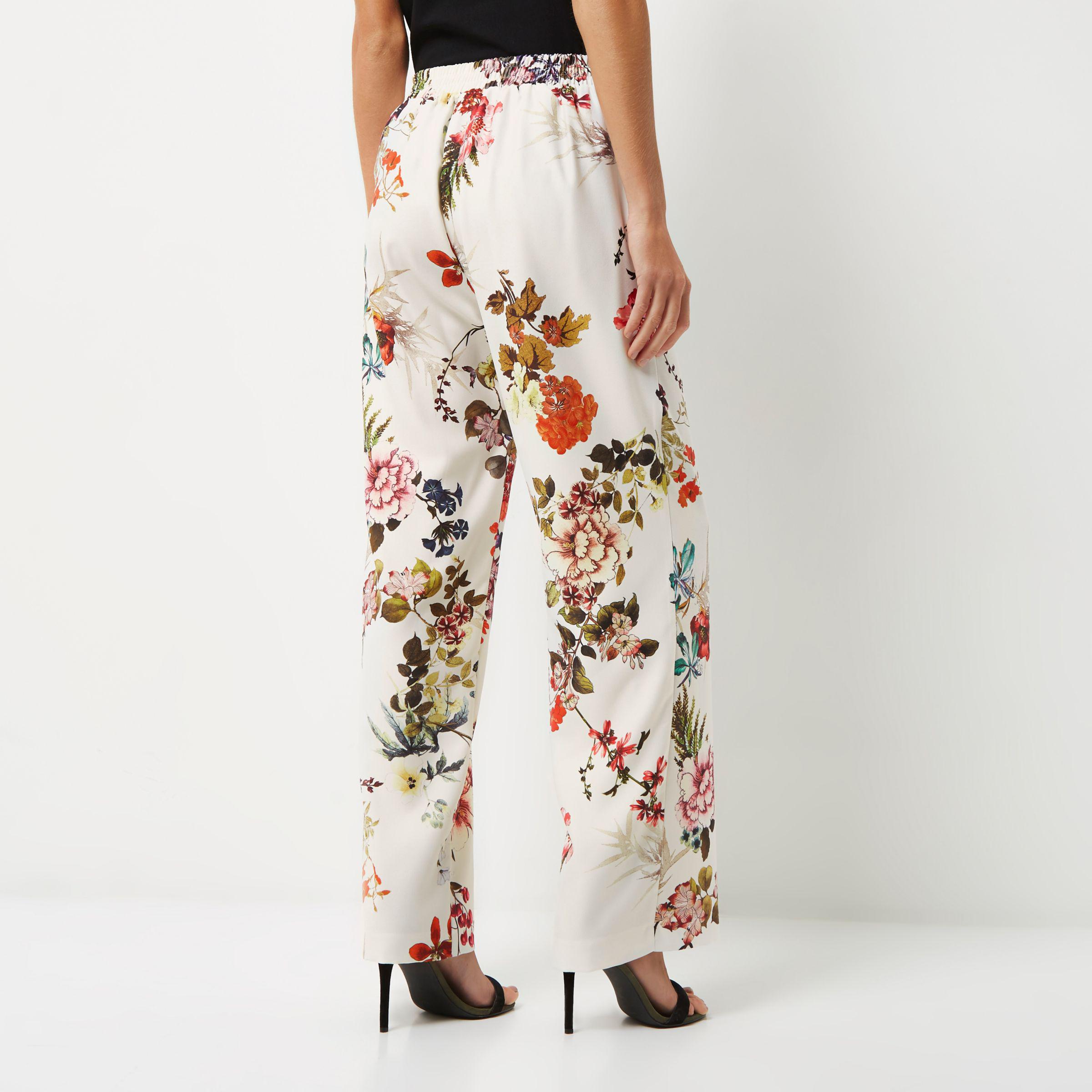 River Island White Floral Print Wide Leg Trousers | Lyst UK