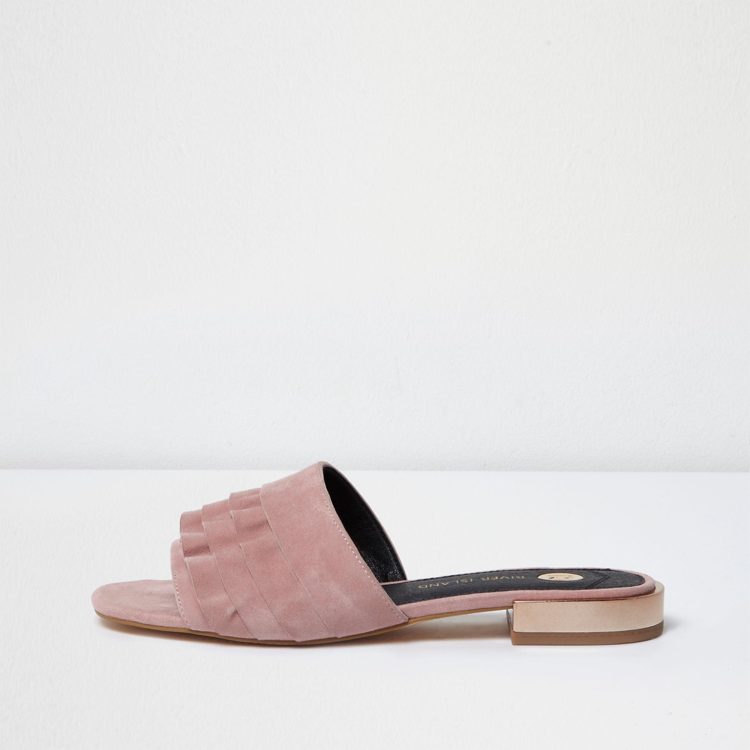 River Island Light Suede Frill Mules in Pink - Lyst