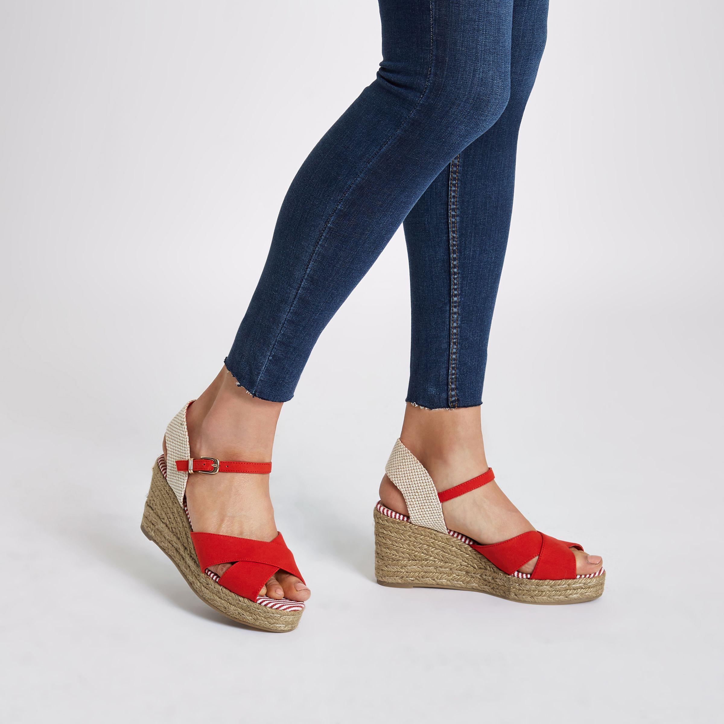 Lyst - River Island Red Cross Strap Espadrille Wedge Sandals in Red
