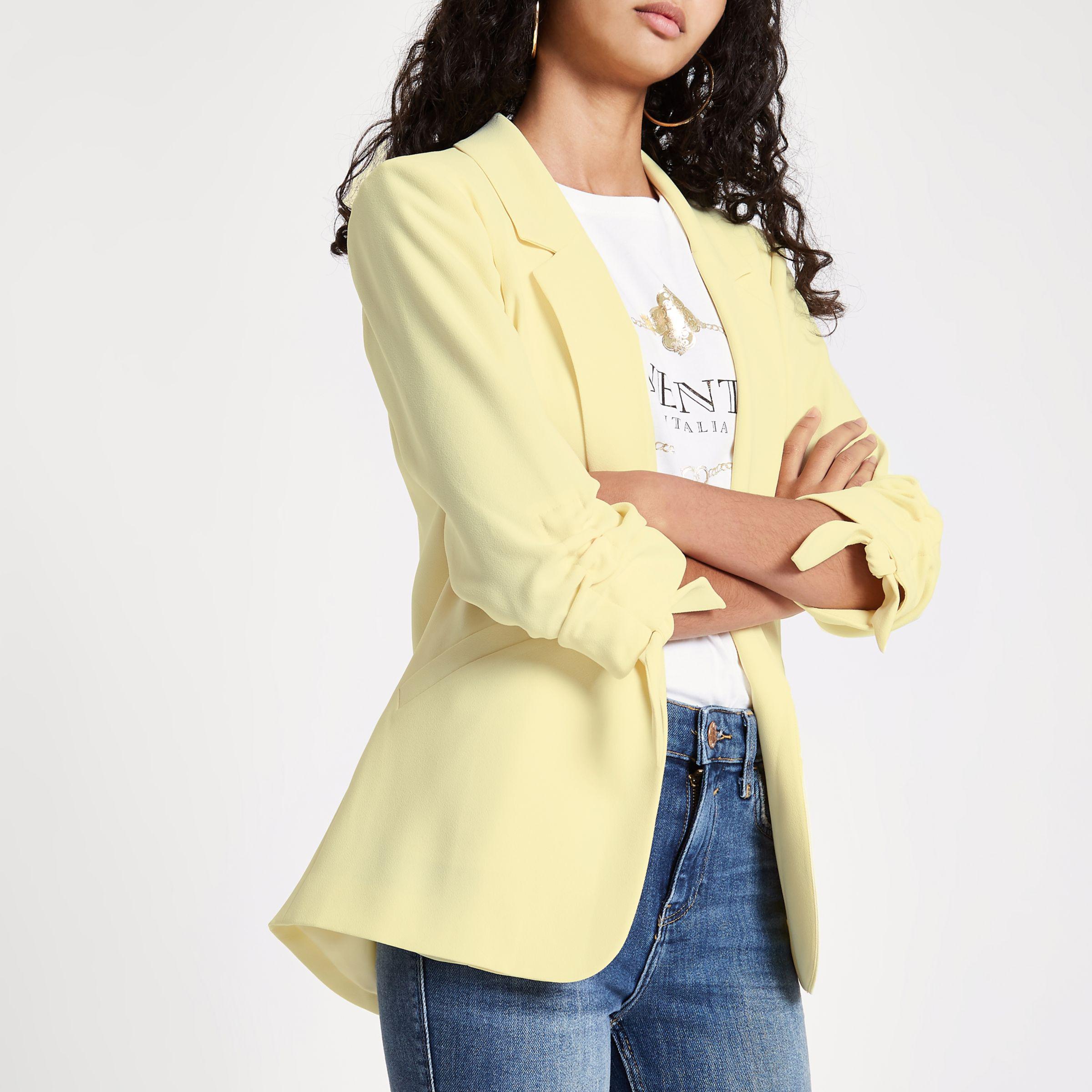 River Island Light Ruched Sleeve Blazer in Yellow | Lyst