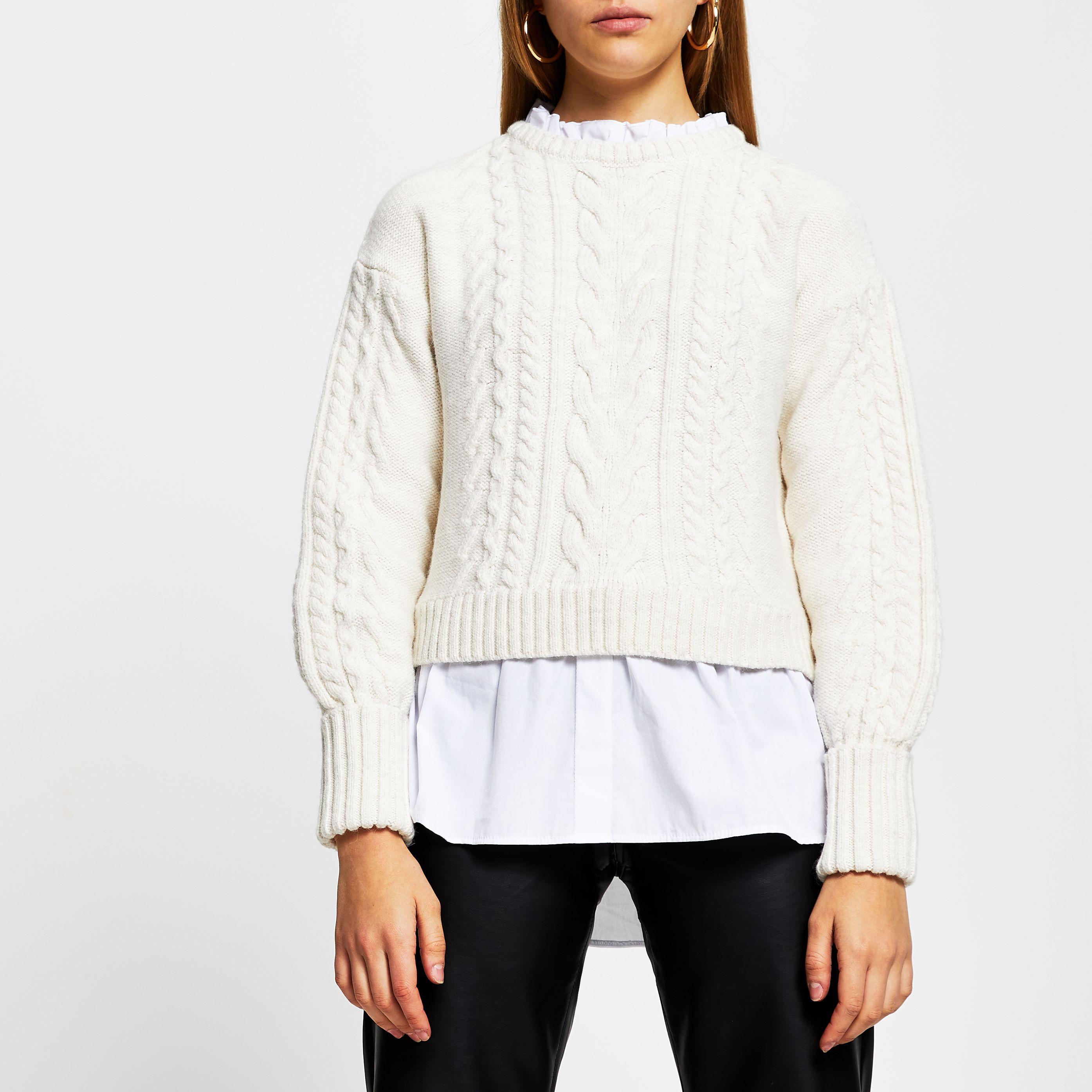 Synthetic Cream Cable Knit Shirt Jumper 