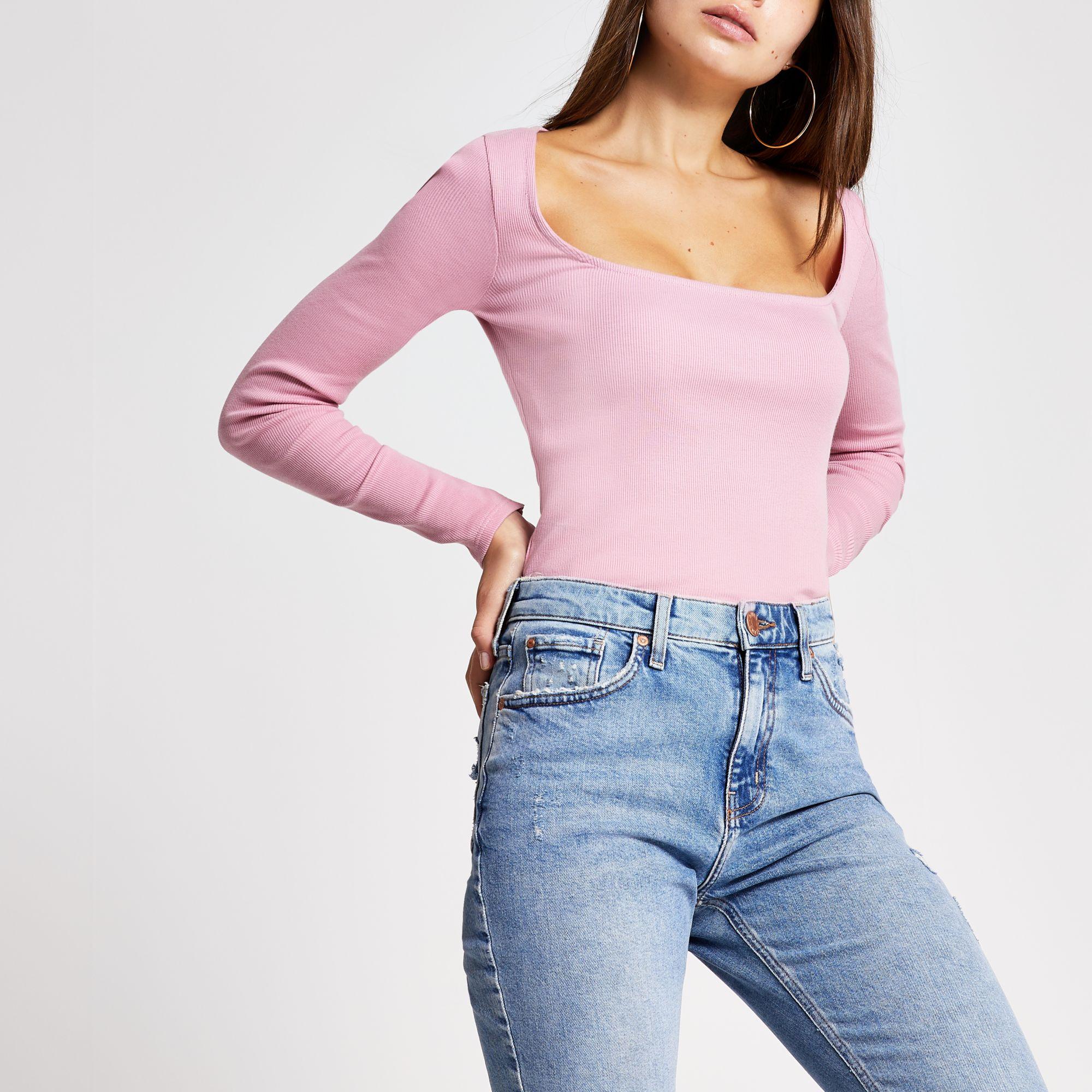 River Island Light Pink Ribbed Square Neck Top | Lyst Canada