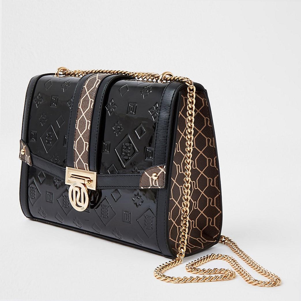 River Island Black Ri Monogram Embossed Patent Handbag Lyst