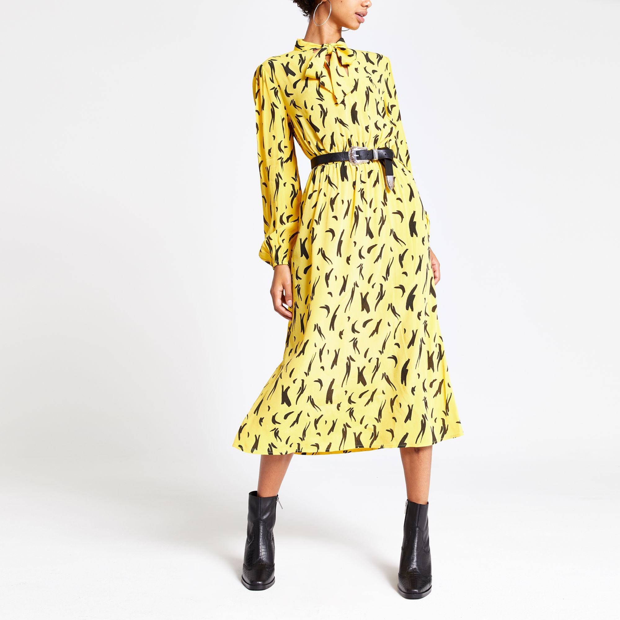 River Island Synthetic Yellow Print Tie Neck Waisted Midi Dress | Lyst UK
