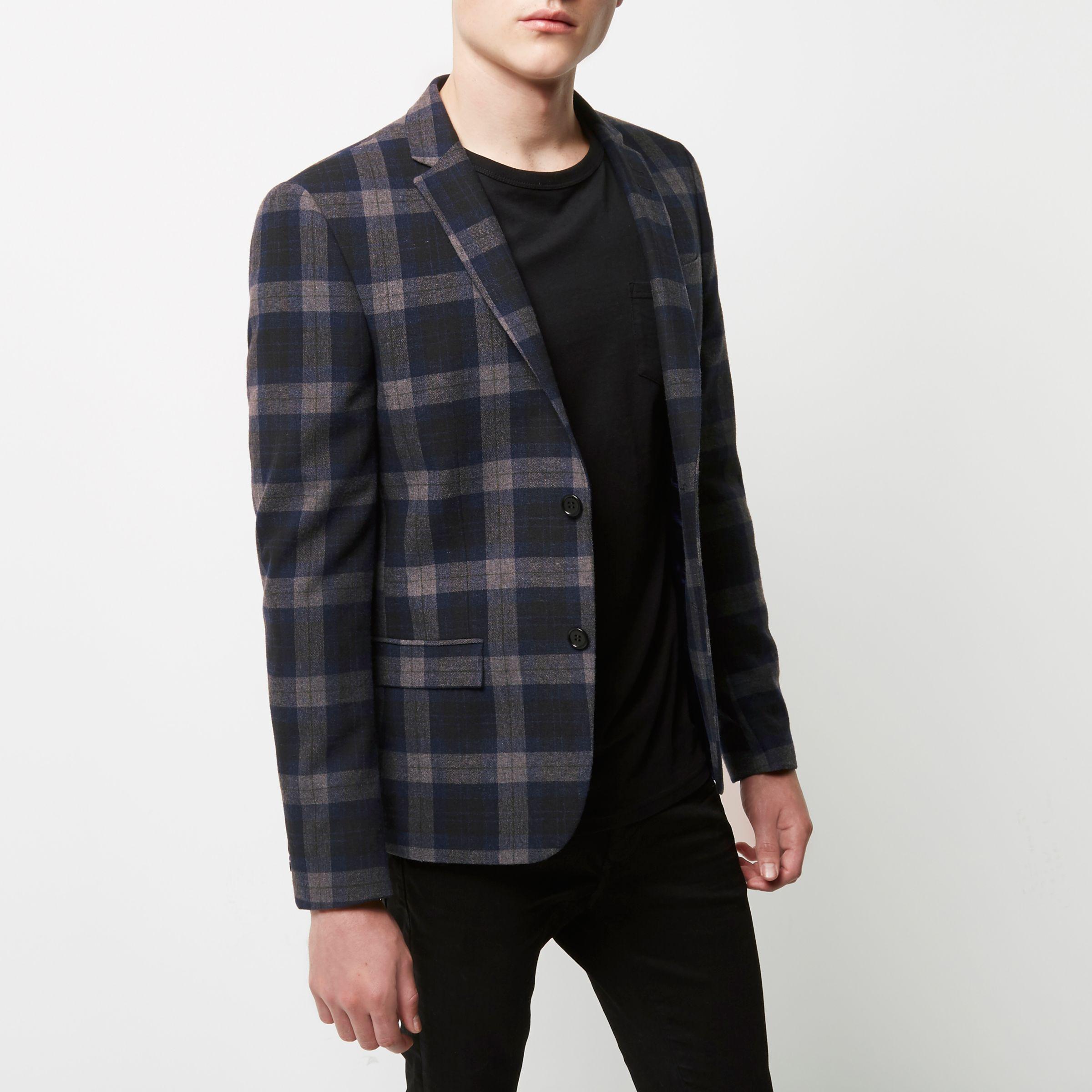 River Island Wool Tartan Skinny Cropped Blazer in Blue for  