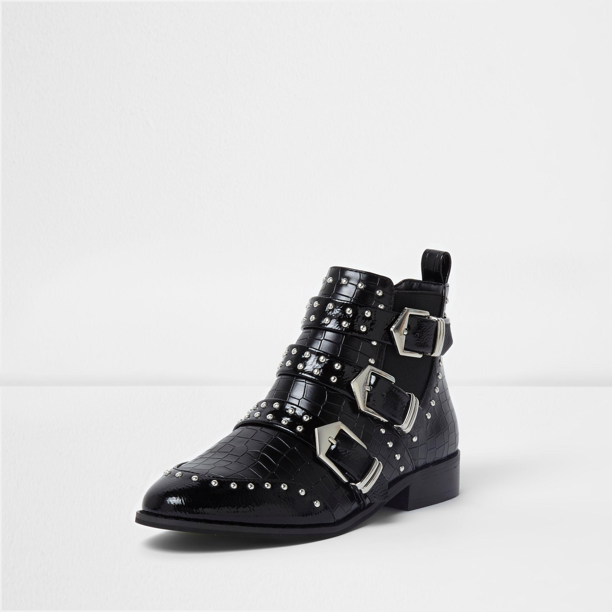 River Island Black Studded Multi Buckle Ankle Boots - Lyst