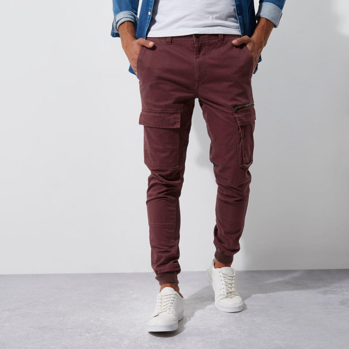 River Island Dark Red Skinny Fit Cargo Trousers for Men | Lyst