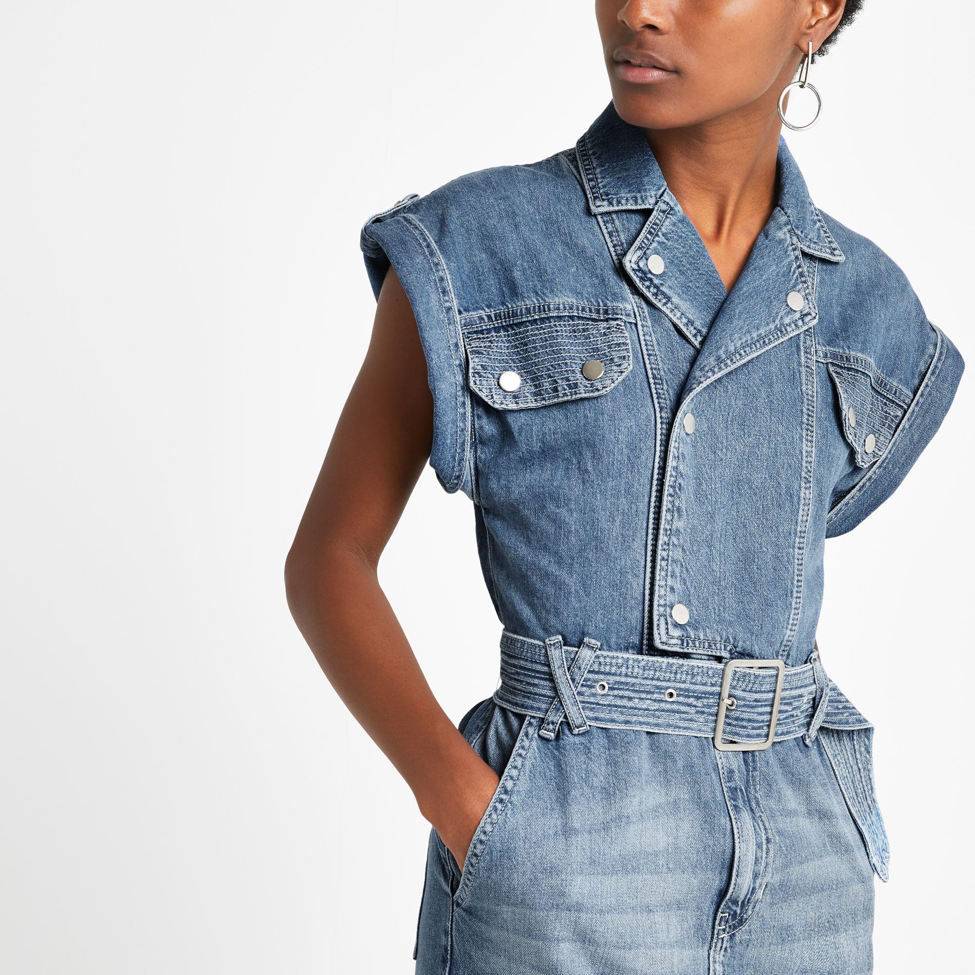 blue belted midi denim dress