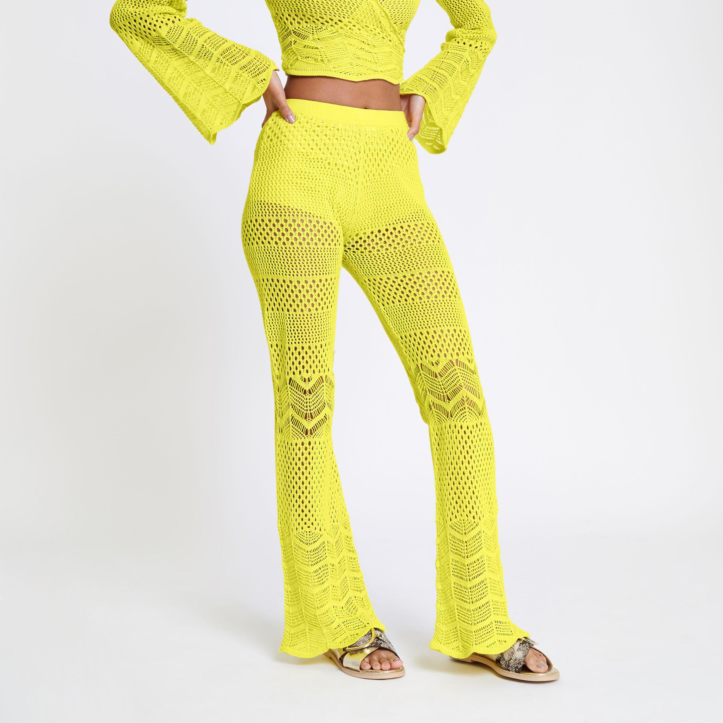 River Island Cotton Yellow Crochet Knit Flared Trousers Lyst