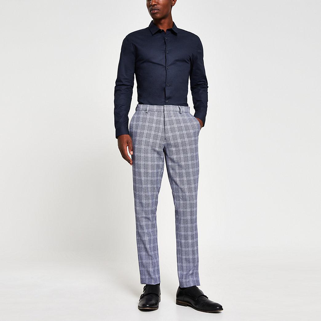 River Island Navy Check Slim Fit Trousers in Blue for Men - Lyst